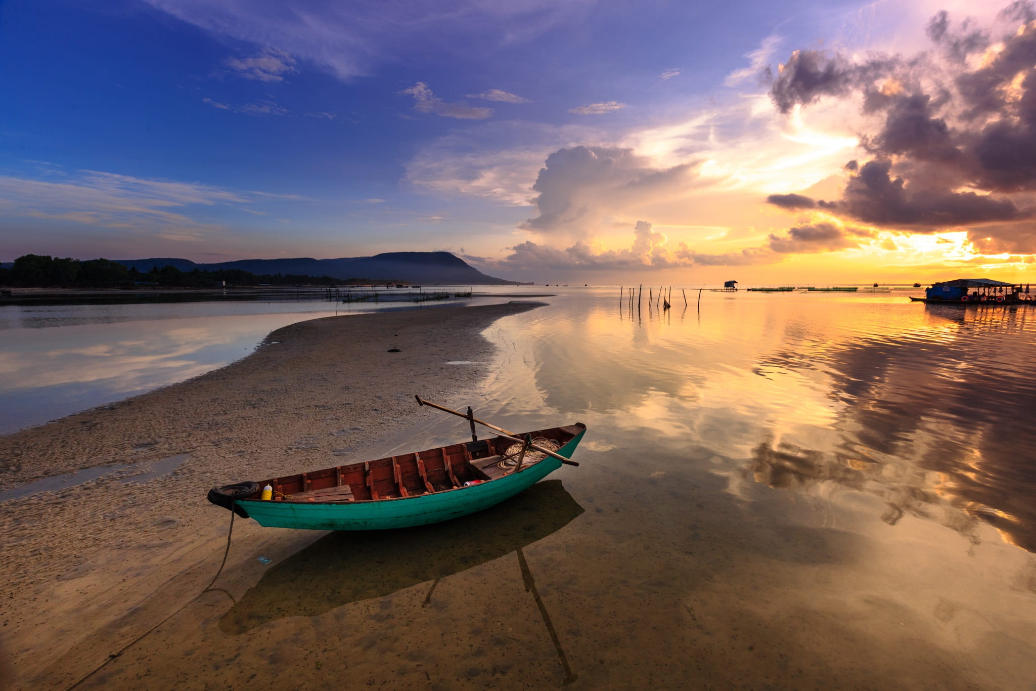 the fishing village, water, beauty in nature, cloud - sky, nature, sad, green, asia, tranquility, moored, nautical vessel, scenery, idyllic, golden, clouds, HD Wallpaper