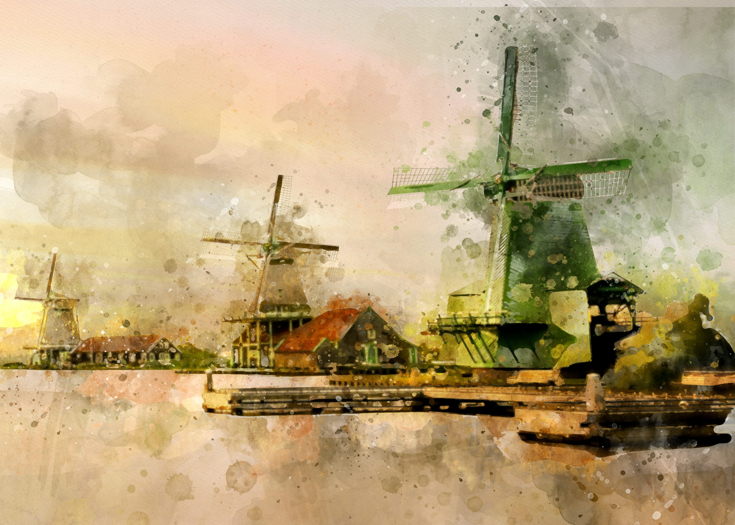 nature, river, windmill, travel, digital painting, near, dusk, traditional, sunset, textured effect, landscape, countryside, dawn, 2K, agriculture, built structure, HD Wallpaper