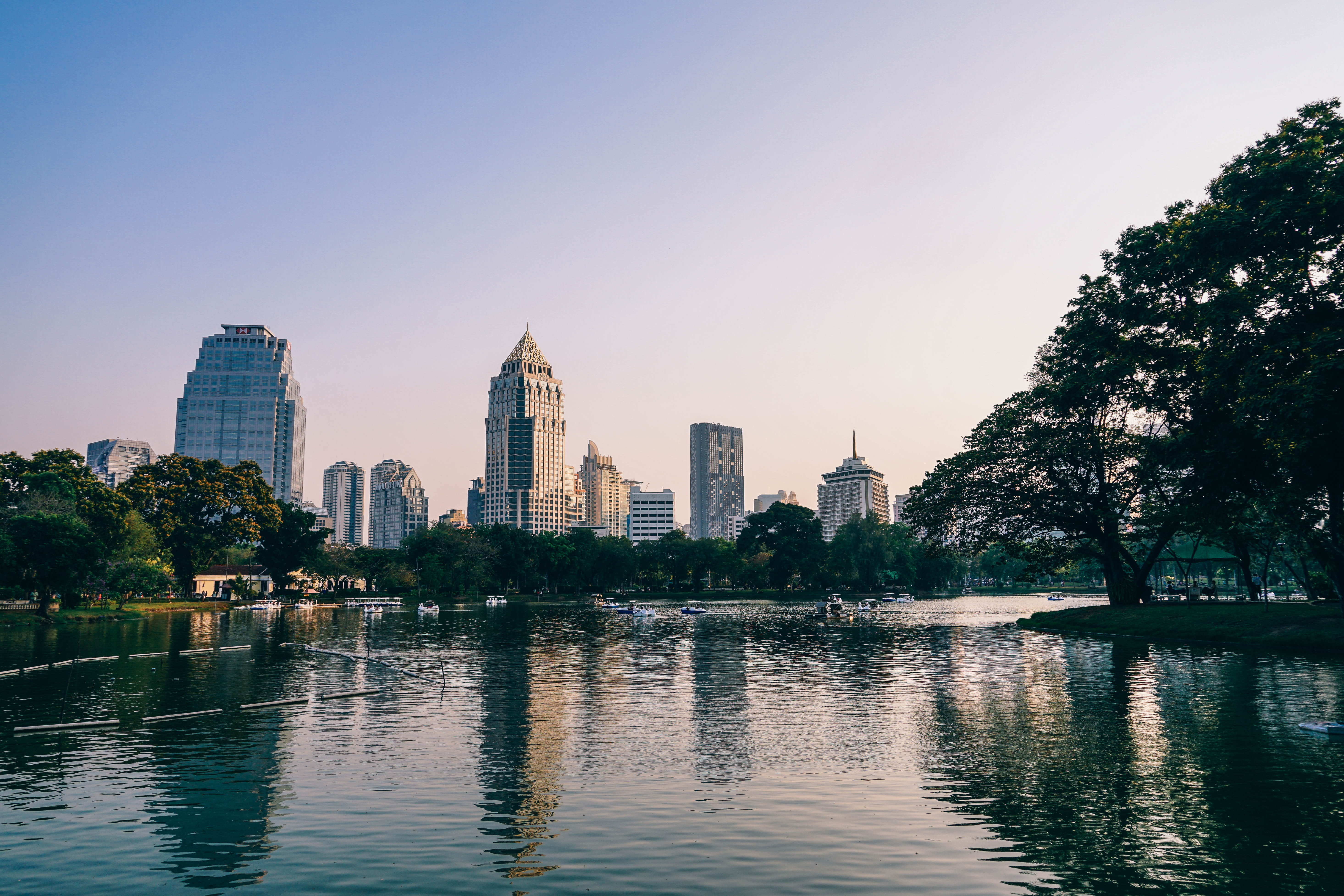 tall - high, building, metropolitan, green, park, tower, boat, outdoors, tropical, leisure, night, plant, bright, financial district, estate, apartment, HD Wallpaper