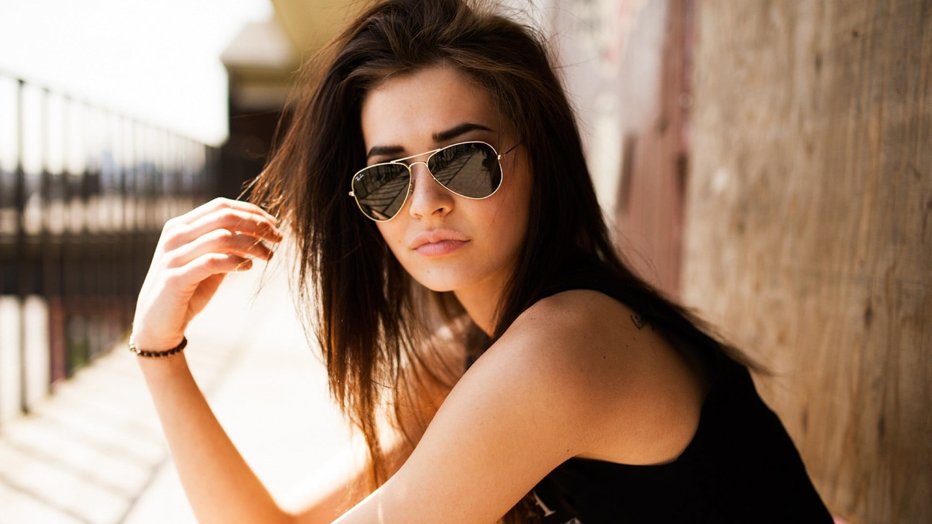 glasses, s, young women, headshot, hair, Black clothes, women with glasses, tank top, teenager, one person, model, colored, women, tattoo, outdoors, long hair, HD Wallpaper