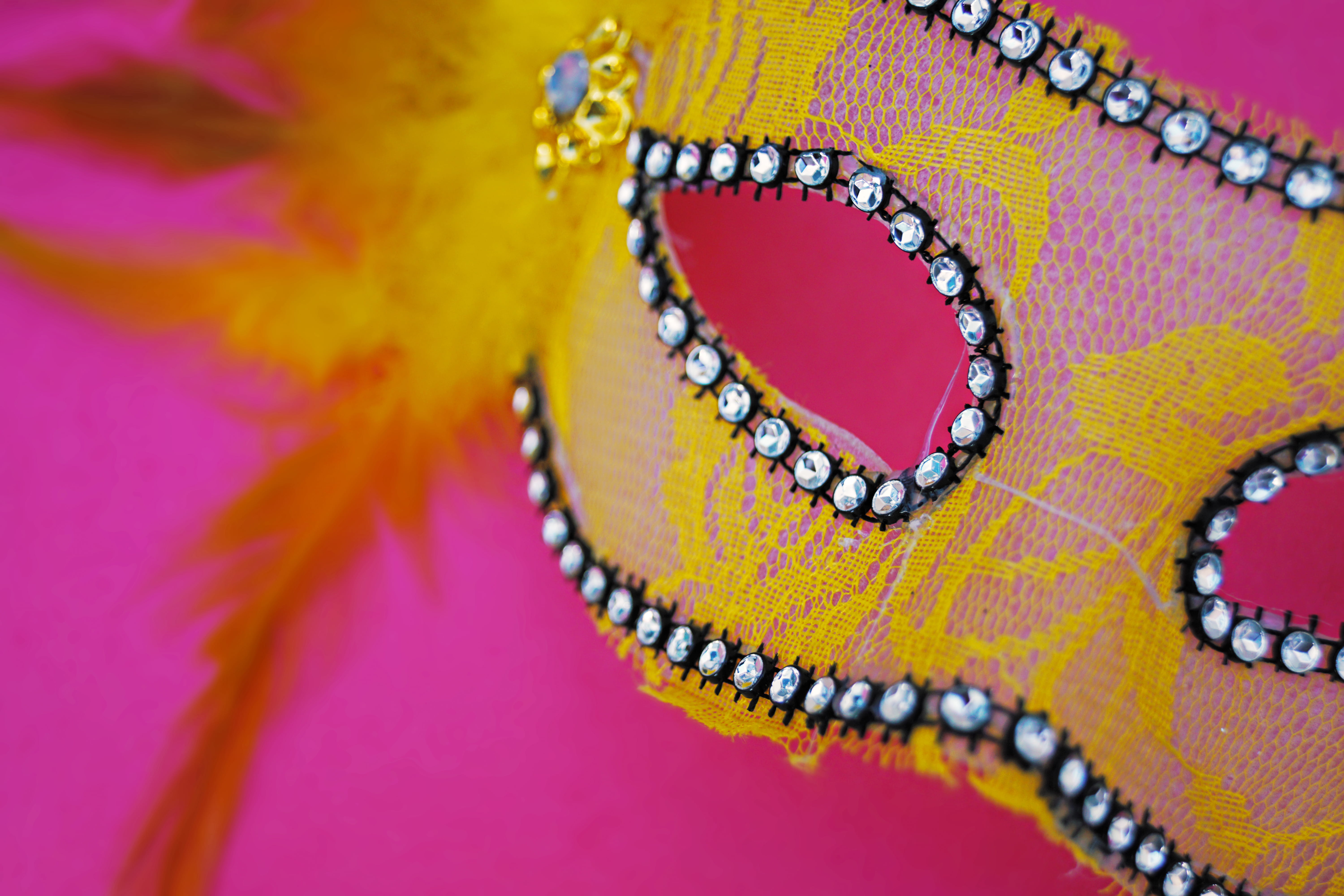 Halloween mask, beautiful, diamonds, close-up, no people, bright, indoors, art, headdress, costume, handmade, feminine, textile, halloween, pink background, HD Wallpaper
