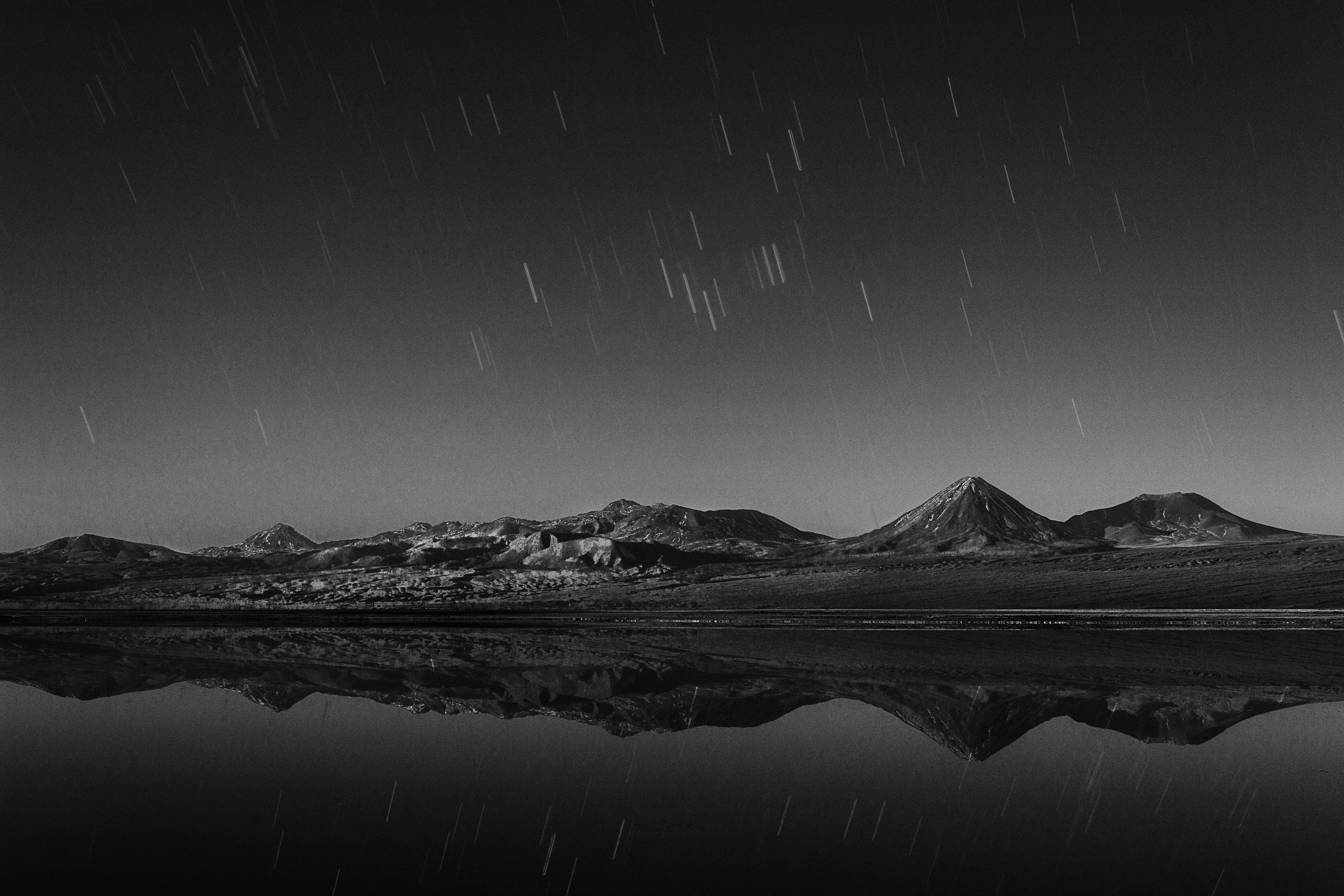 shooting star, desert, star, still, ridge, mountain, black And White, volcano, no People, mar, reflection, lake, water, scenics, meteor shower, photography, HD Wallpaper