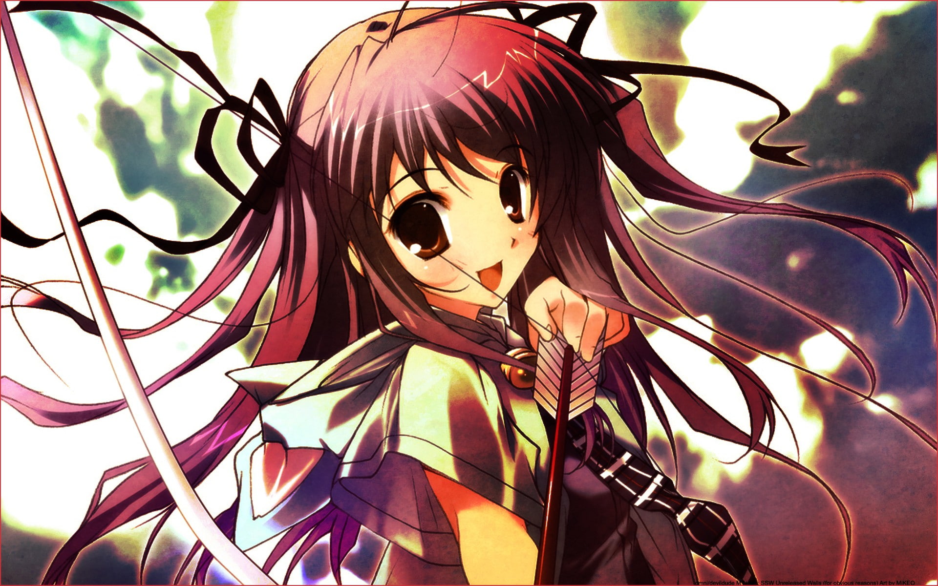 anime, haired, arrow, archery, bow, black, 1080P, anime girls, girls, character, female, HD Wallpaper