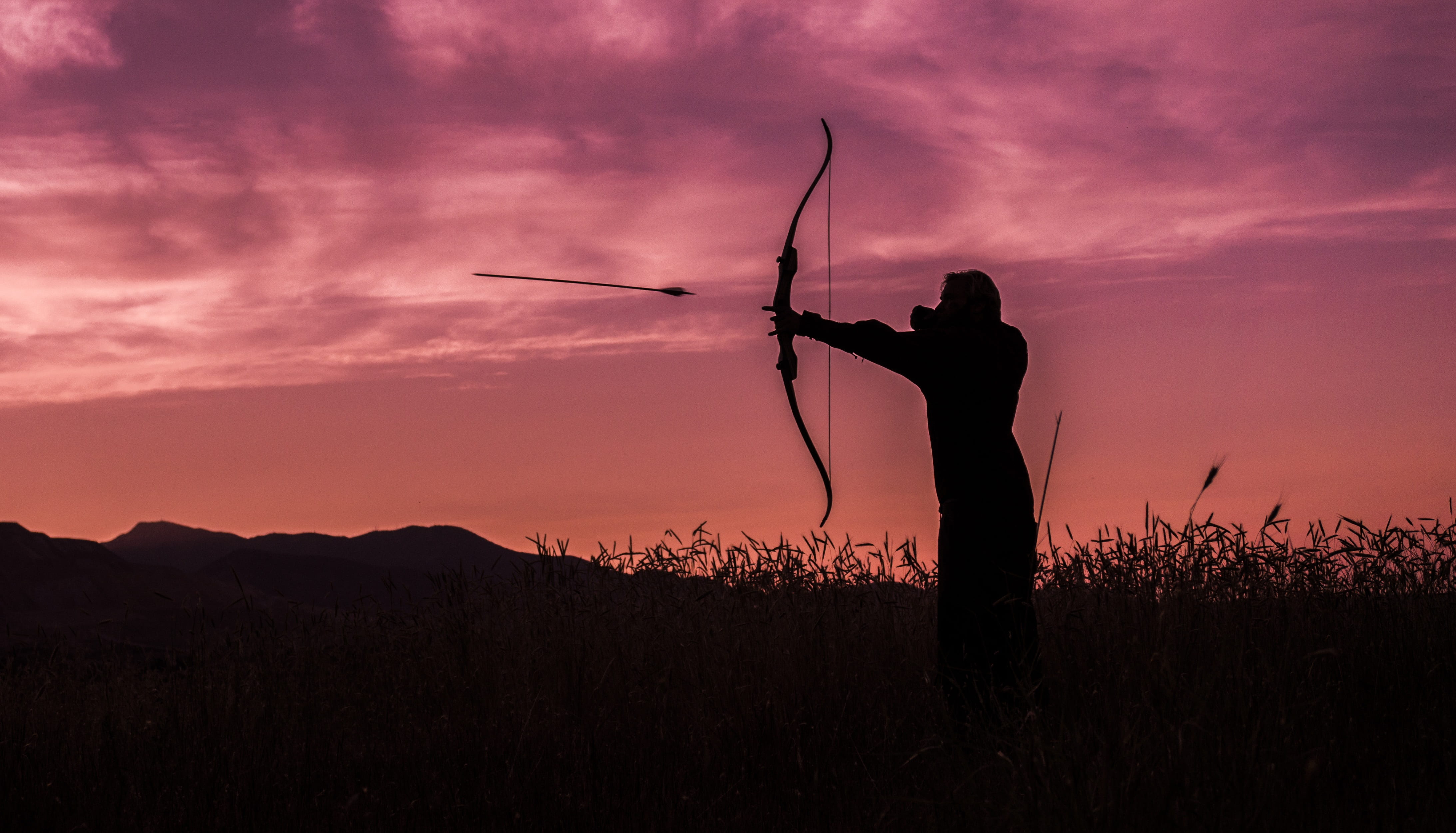 orange color, sports equipment, silhouette, precision, nature, beauty in nature, holding, arrow, skill, human arm, aiming, archer, hunt, aim, archery, 4K, HD Wallpaper