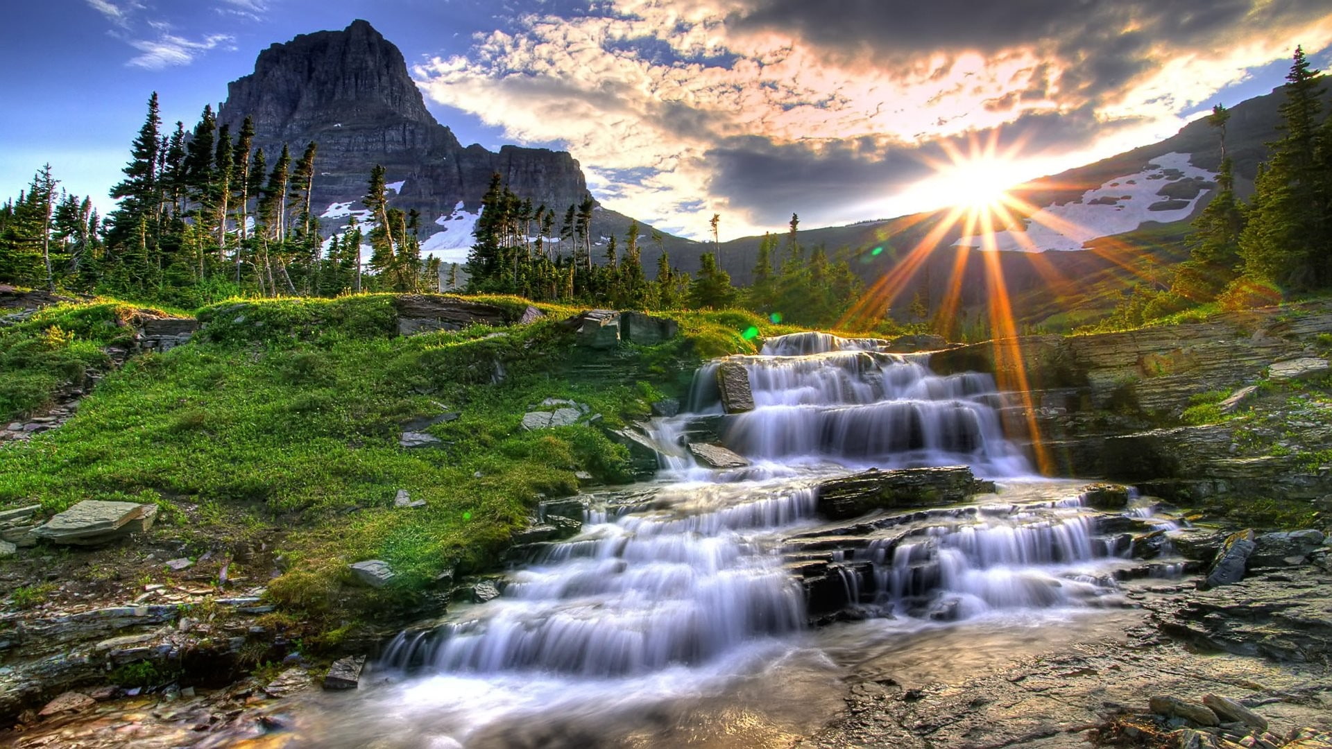 clouds, sky, landscape, mountains, Sun, 1080P, waterfall, water, nature, HDR, sunlight, HD Wallpaper