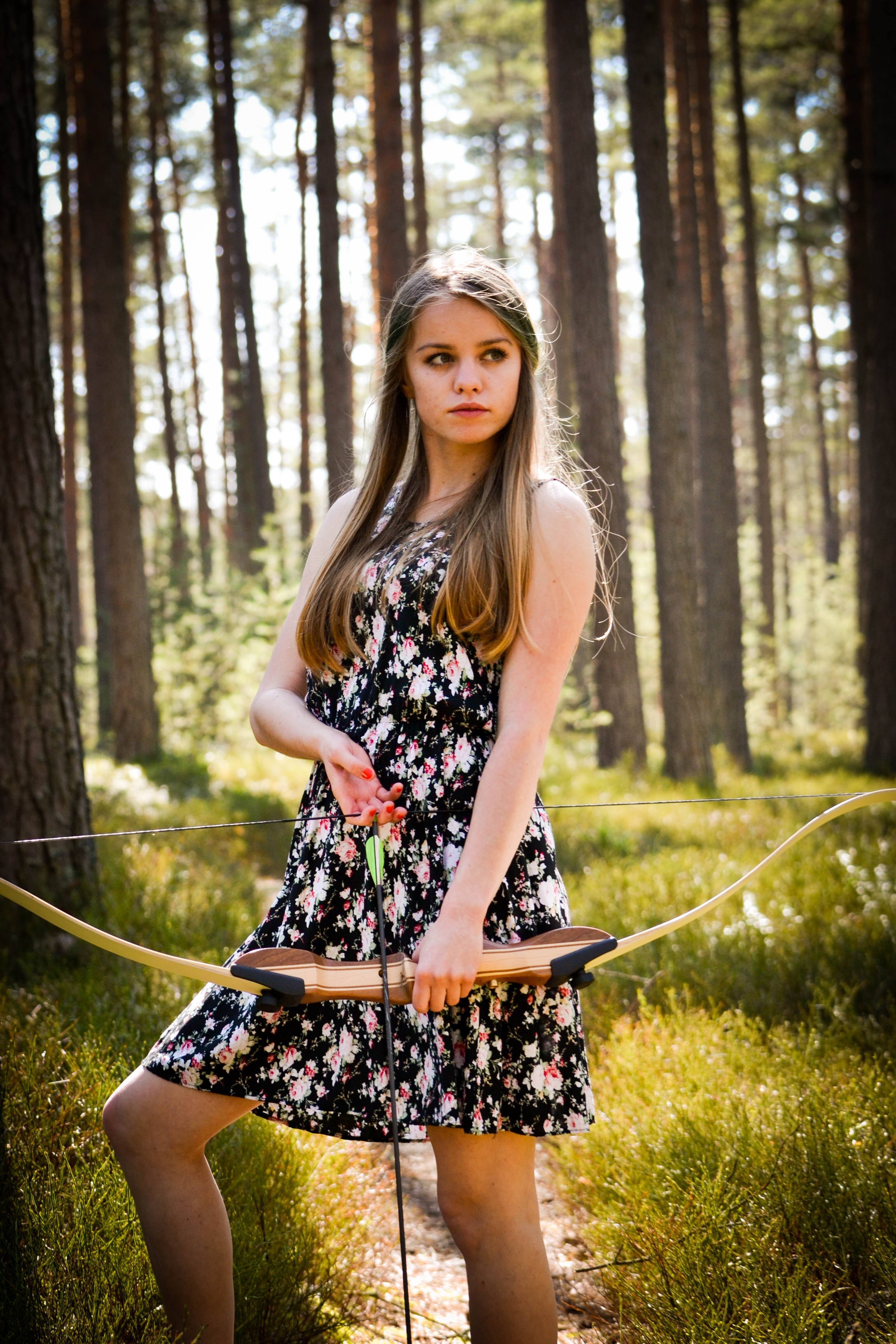 one person, lady, looking at camera, beauty, tree, arrow, hair, outdoors, real people, nature, plant, young adult, adults only, mini, forest, standing, Phone HD Wallpaper