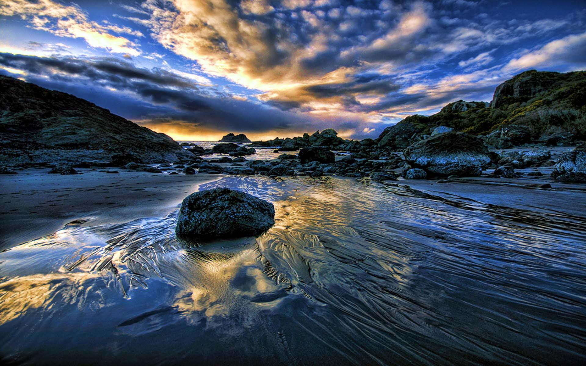mountain, hurdle, 1080P, ocean, 3d and abstract, blue, beach, rocks, wave, HD Wallpaper