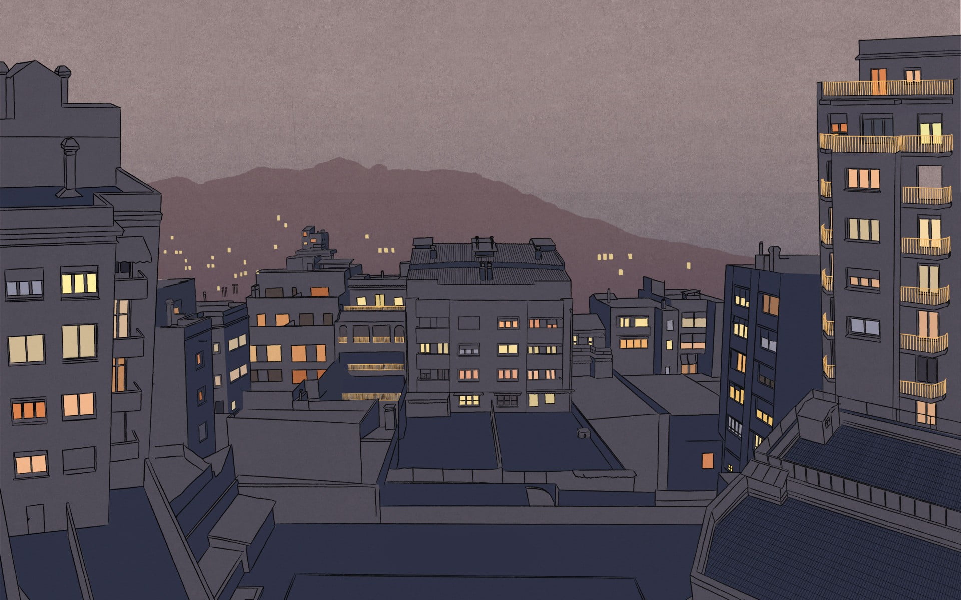 illuminated, sky, 1080P, drawn, architecture, no people, cityscape, apartment, building, sunset, house, window, dusk, buildings, residential district, HD Wallpaper