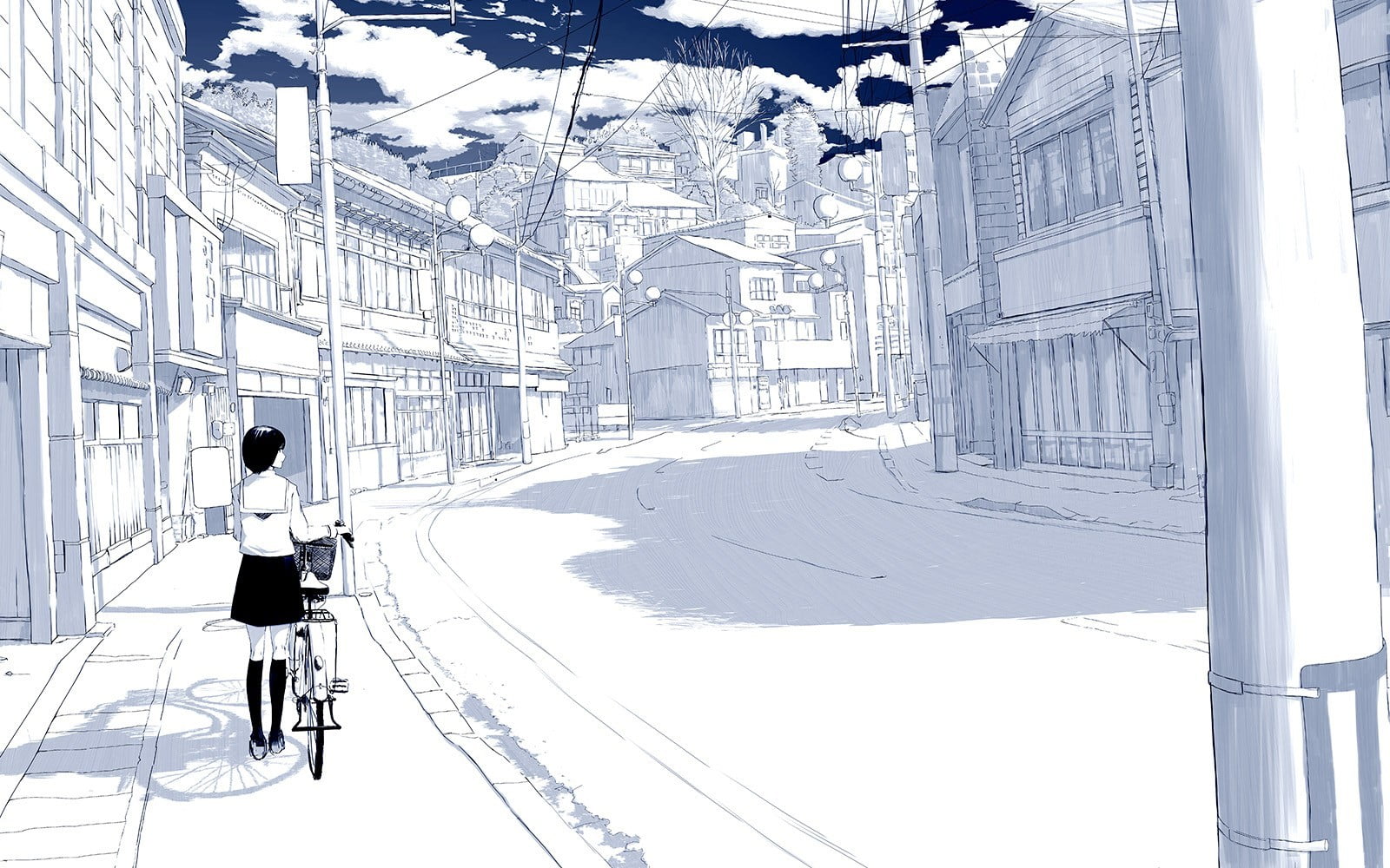 built structure, city, mode of transportation, drawn, nature, transportation, winter, architecture, anime girls, building exterior, sky, leisure activity, HD Wallpaper