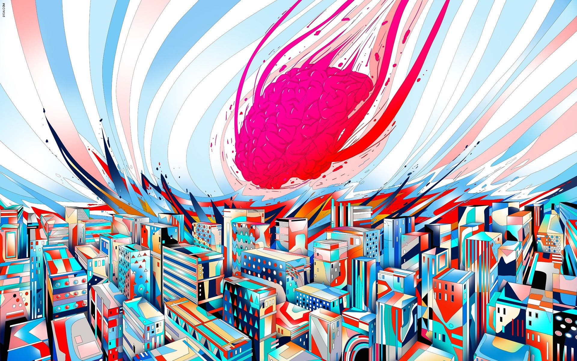 colorful, abstract, brain, 1080P, city, artwork, drawn, HD Wallpaper