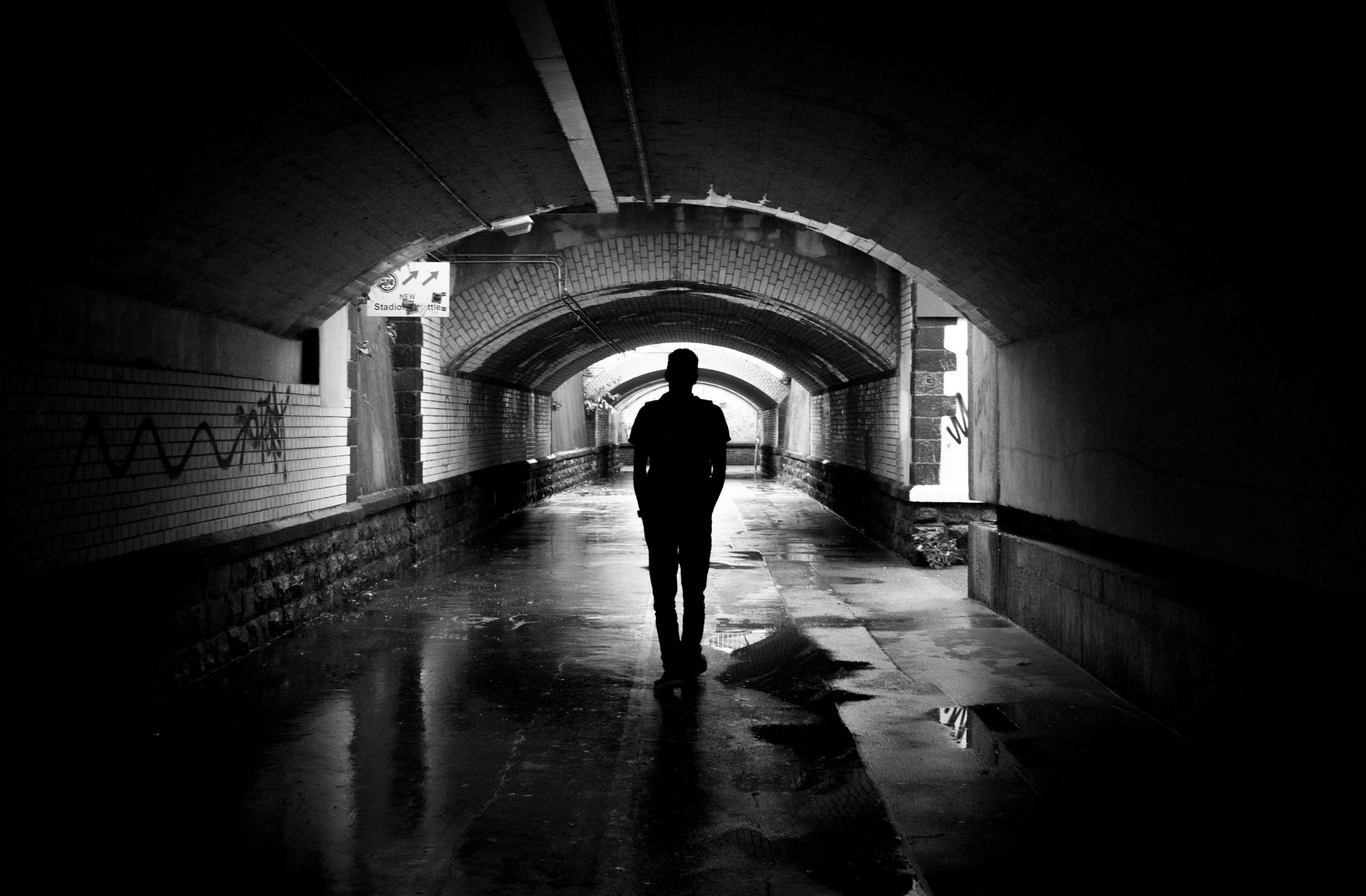 street art, real people, passage way, ceiling, full length, black and white, tunnel, architecture, rear view, brickwall, direction, person, path, the way forward, HD Wallpaper