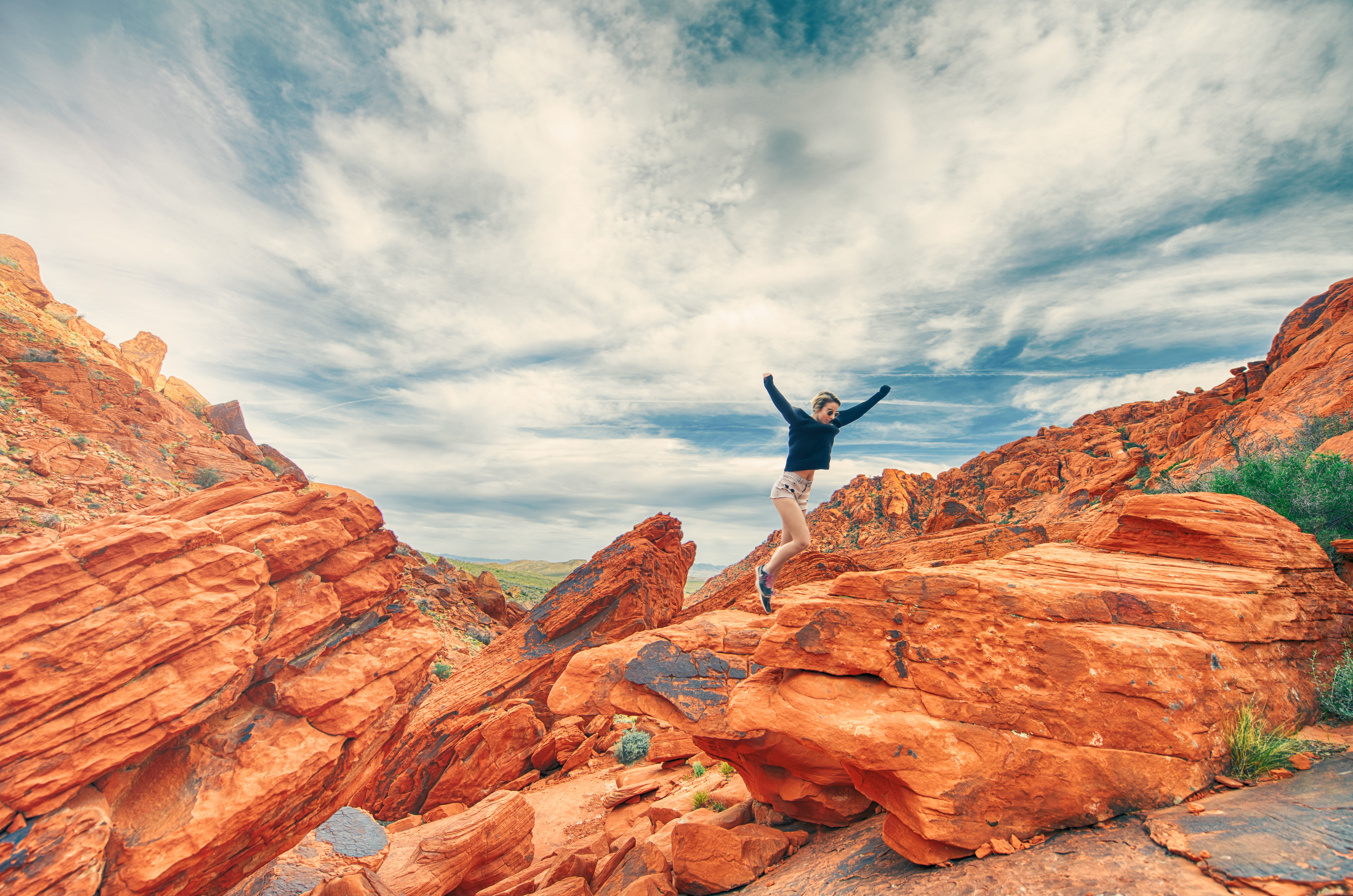 jumping, freedom, rock, adult, lifestyles, rocks, excited, limb, arms outstretched, confident, achievement, standing, joy, cloud - sky, formation, nature, HD Wallpaper