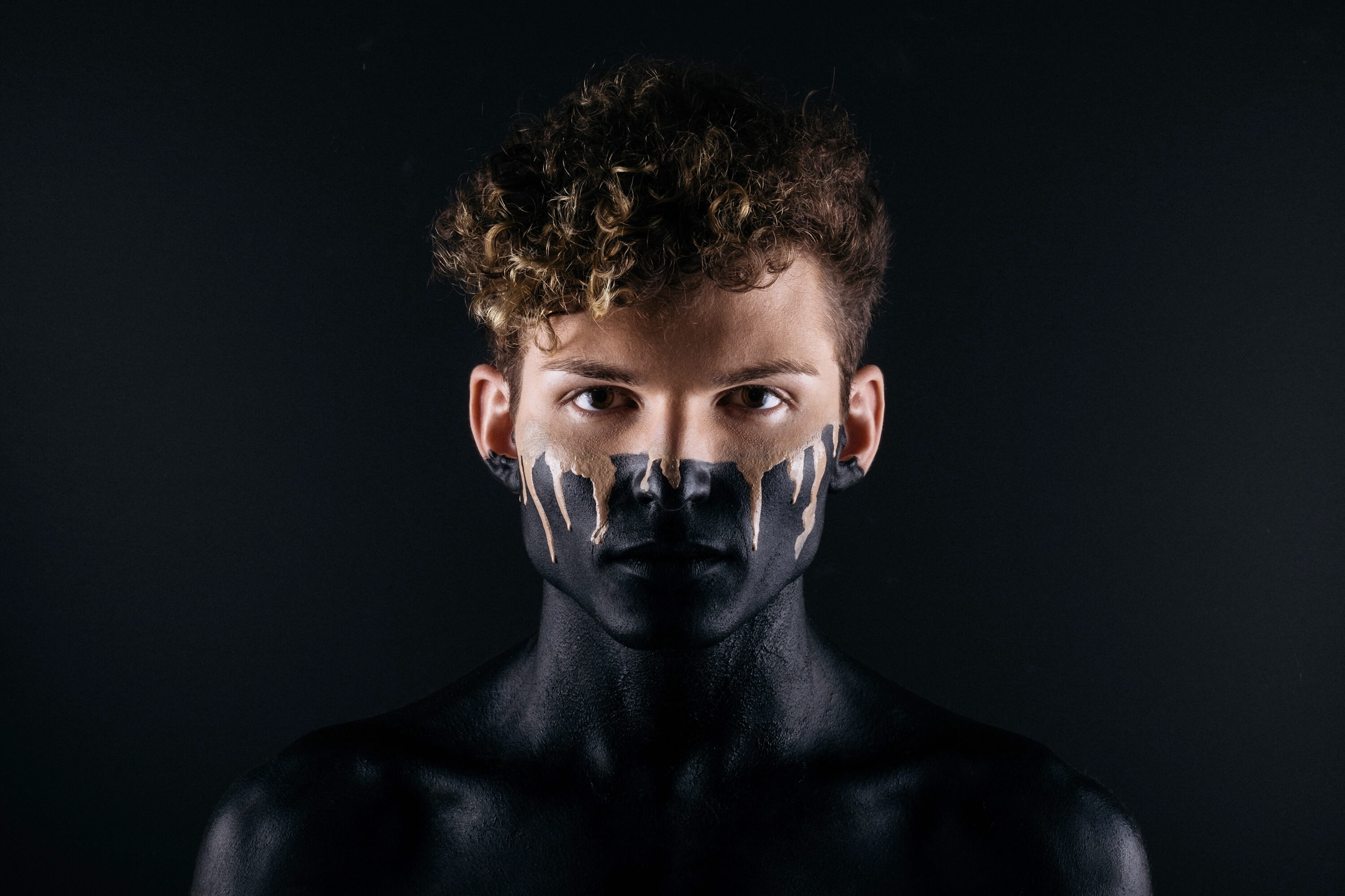 adhesive tape, silence, human face, paint, body part, male, close-up, human body part, one person, curly hair, censorship, black background, 2K, looking at camera, HD Wallpaper