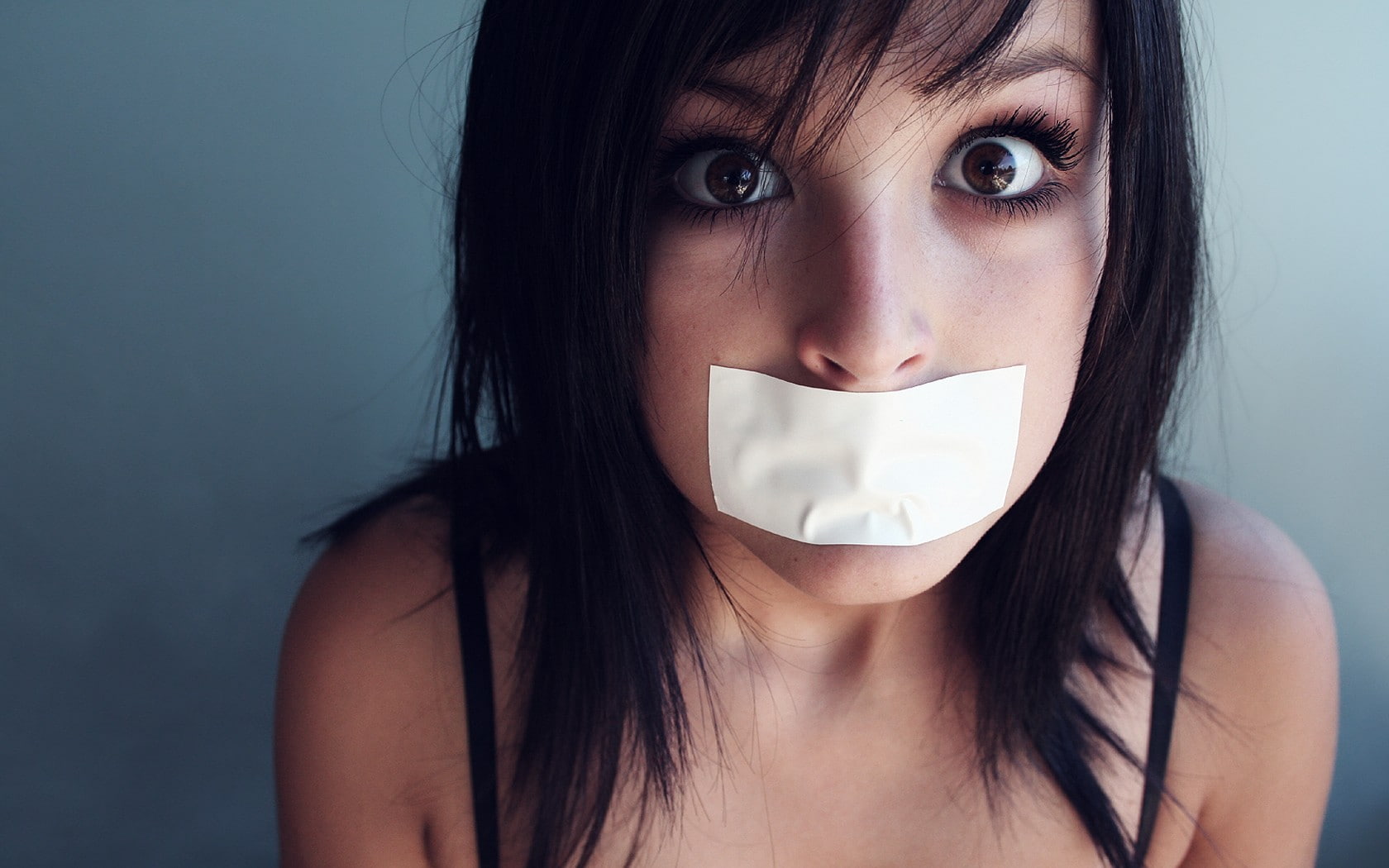 adult, brown hair, censorship, beautiful woman, model, face, long hair, human face, studio shot, hair, headshot, brown eyes, adhesive tape, 720P, brunette, HD Wallpaper