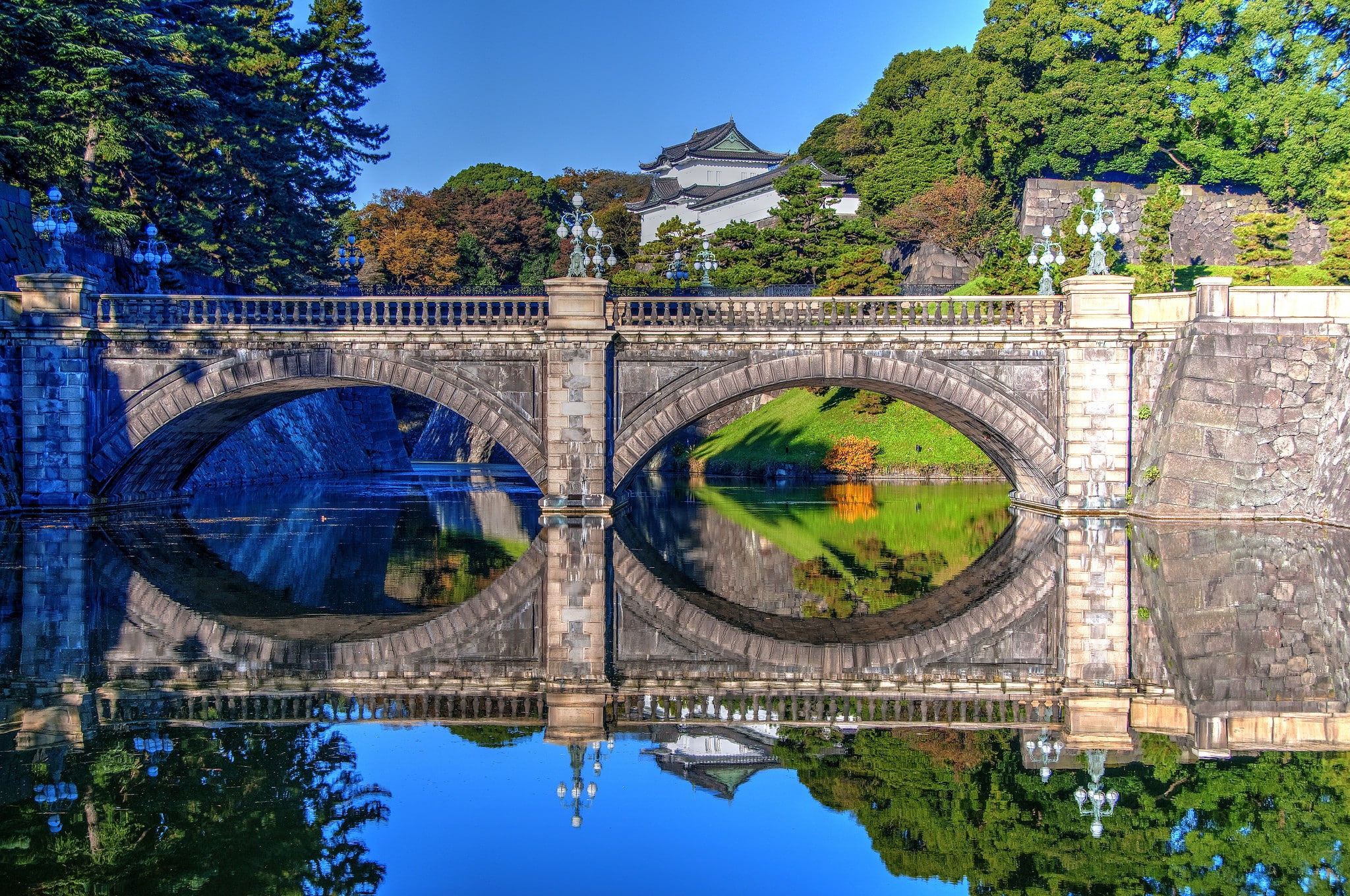 imperial, Palace, Tokyo, reflection, water, Nijubashi Bridge, concrete, Nidzyubasi Bridge, Imperial Palace, Bridge, moat, Japan, 1080P, HD Wallpaper