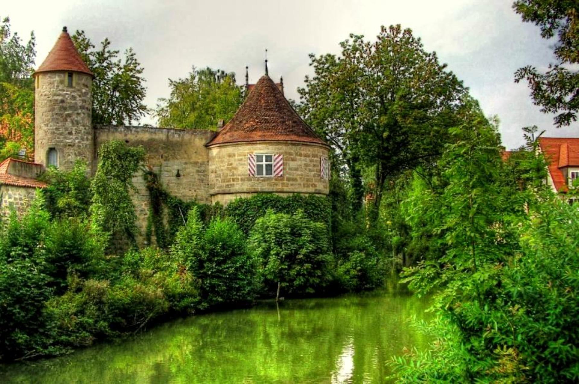 bushes, river, green, concrete, 1080P, castle, animals, trees, house, water, greens, among, beige, moat, HD Wallpaper