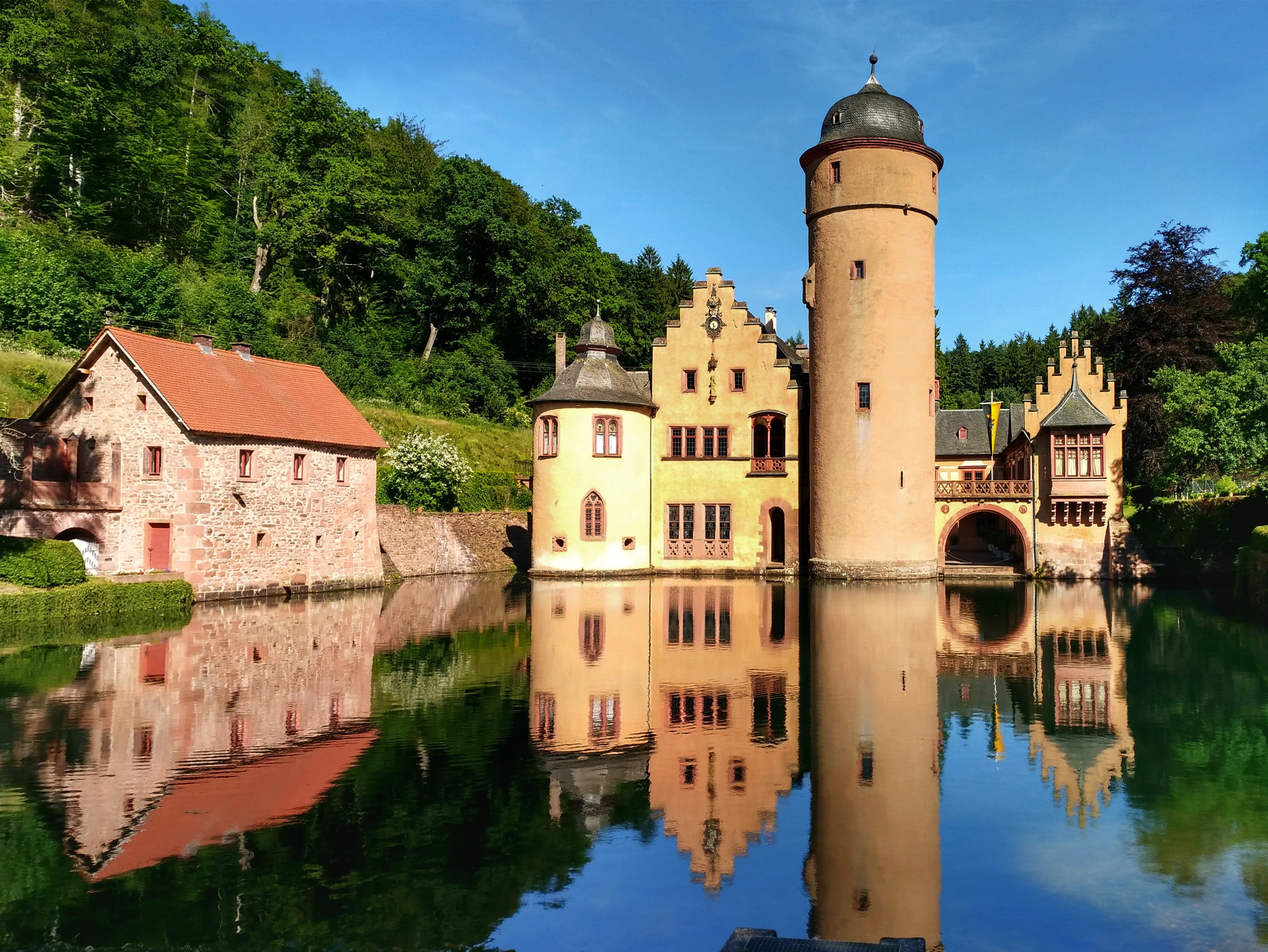 blue, architecture, middle ages, built structure, day, building, germany, moated castle, travel destinations, outdoors, waterfront, mirroring, waters, the past, HD Wallpaper