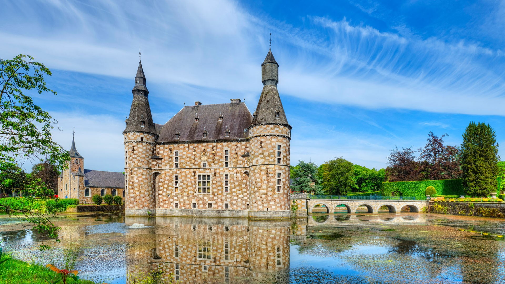 castle, Moated Jehay Castle, sky, trees, architecture, landscape, clouds, Belgium, 1080P, HD Wallpaper