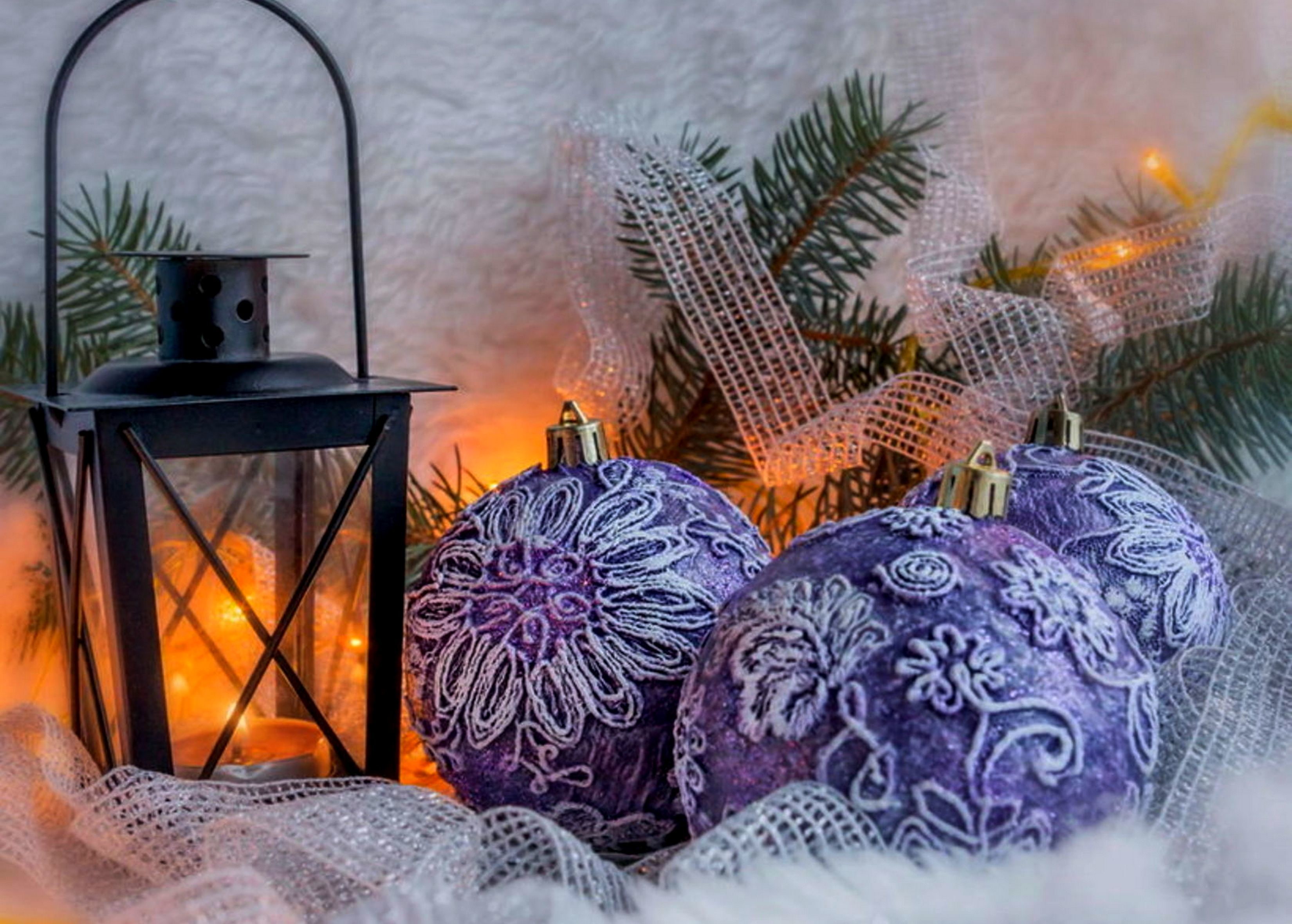 2K, snow, candle, Happy new year, lantern, Christmas, tree, Christmas decorations, bumps, balls, snow cones, new year, HD Wallpaper