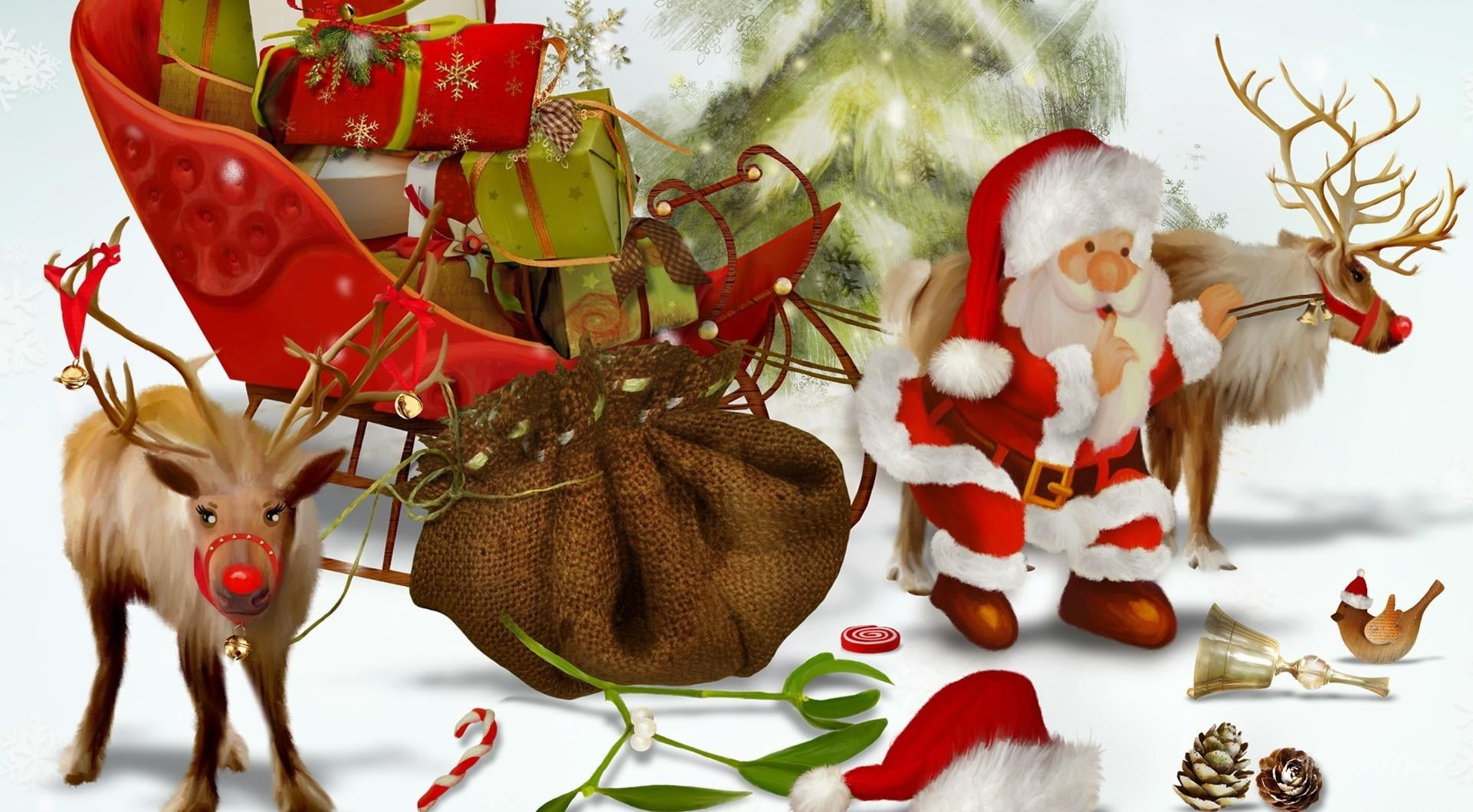 celebration event, santa Claus, still life, greeting, hat, 1080P, santa, gift, gifts, art and craft, christmas, christmas tree, holiday - event, mammal, HD Wallpaper