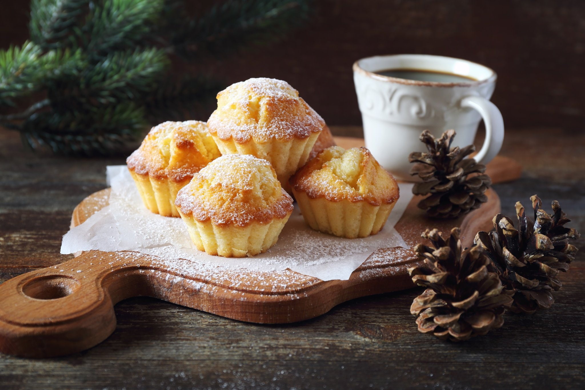 Cup, tree, Christmas, branches, bumps, holiday, 1080P, Board, powder, new year, cakes, cupcakes, spruce, HD Wallpaper