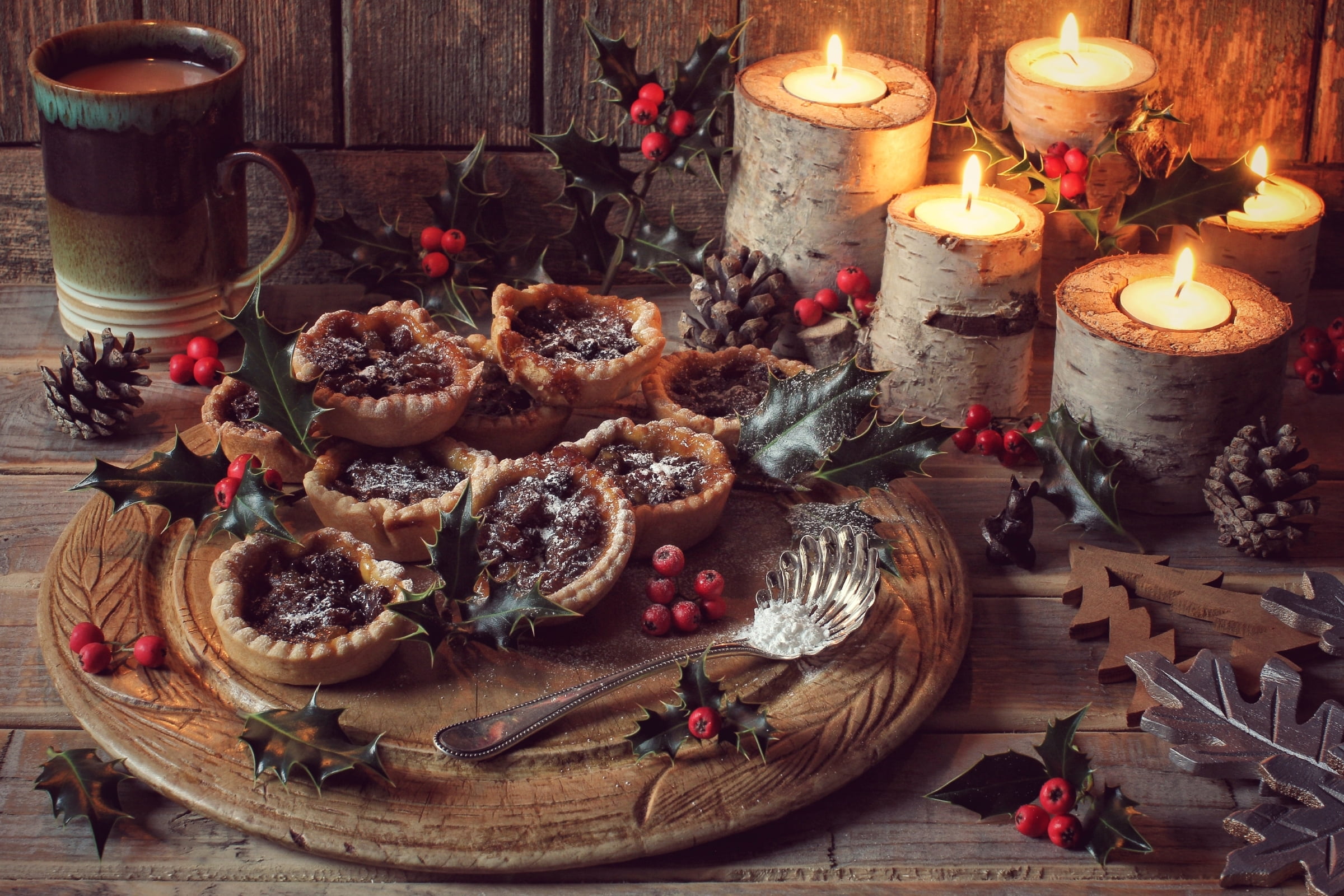 no people, 1080P, cakes, Cup, Holly, treat, heat - temperature, food and drink, christmas, chocolate, candle, burning, flame, fire, glass, wood - material, HD Wallpaper
