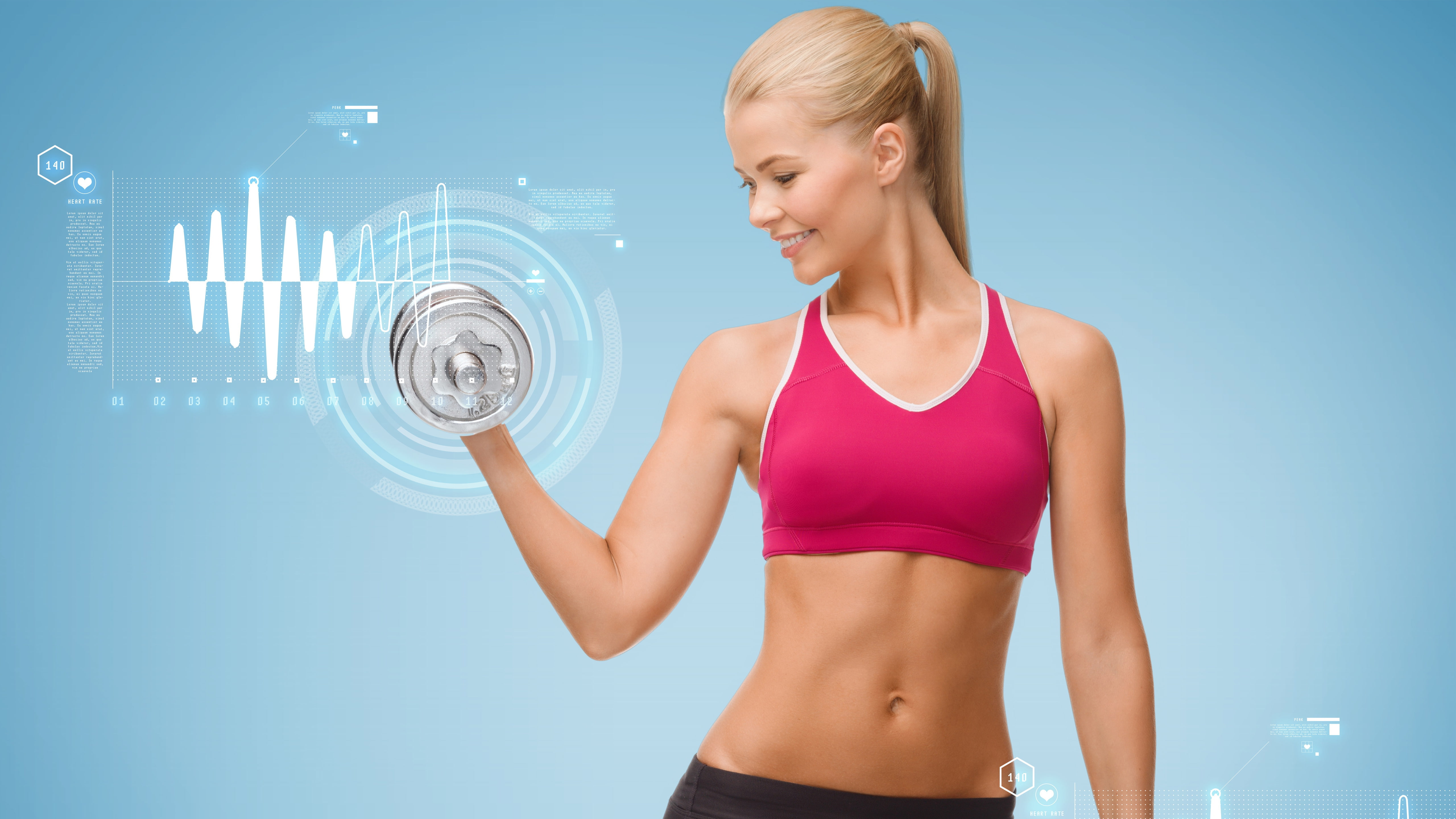 Dumbbells, sport, vitality, sports clothing, Woman, Weight lifting, 5K, clothing, Steel, blue, 5K, blue background, exercising, lifestyles, young women, HD Wallpaper