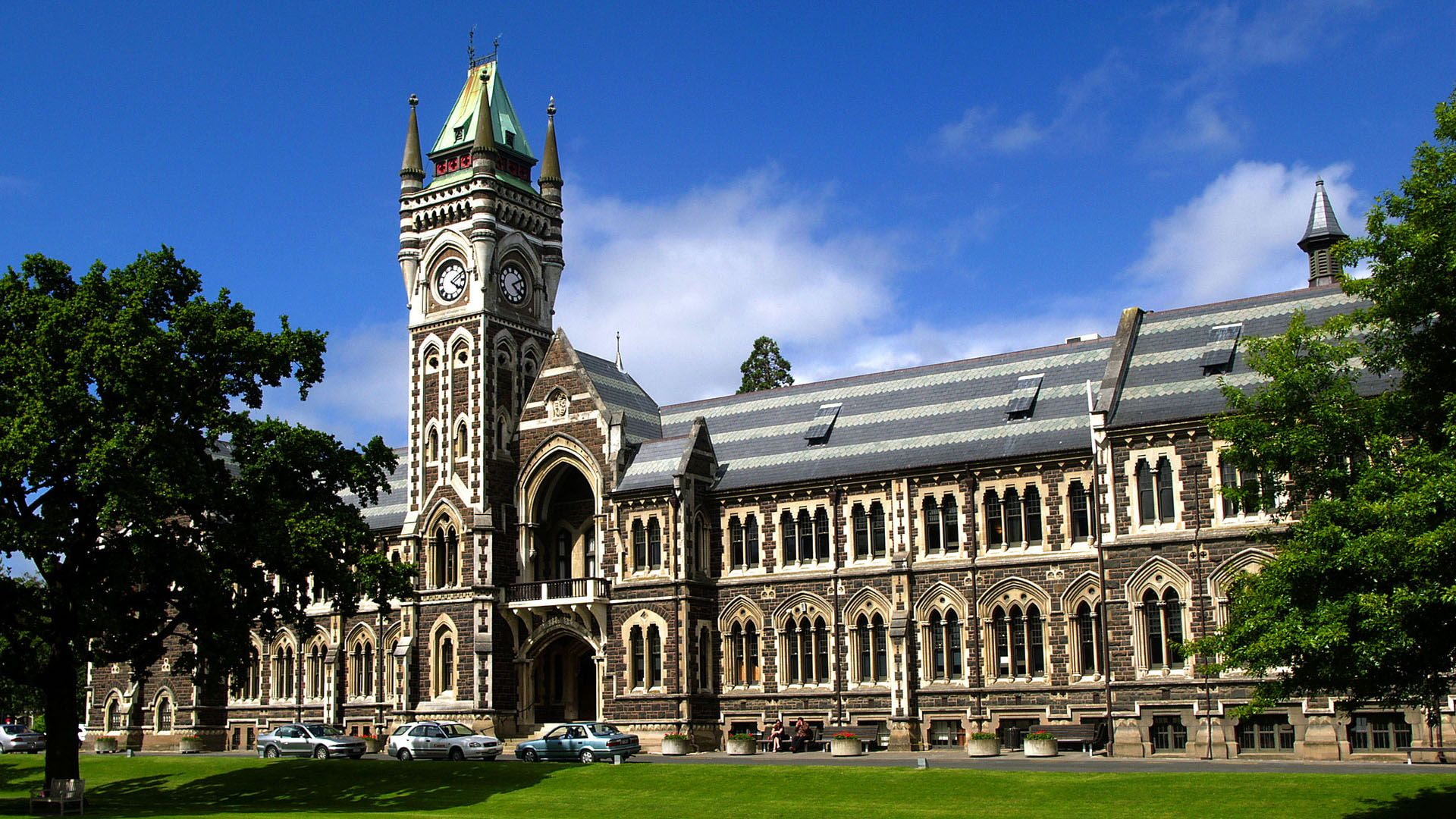 university, grass, otago, gothic, trees, green, cars, hd, 1080P, HD Wallpaper