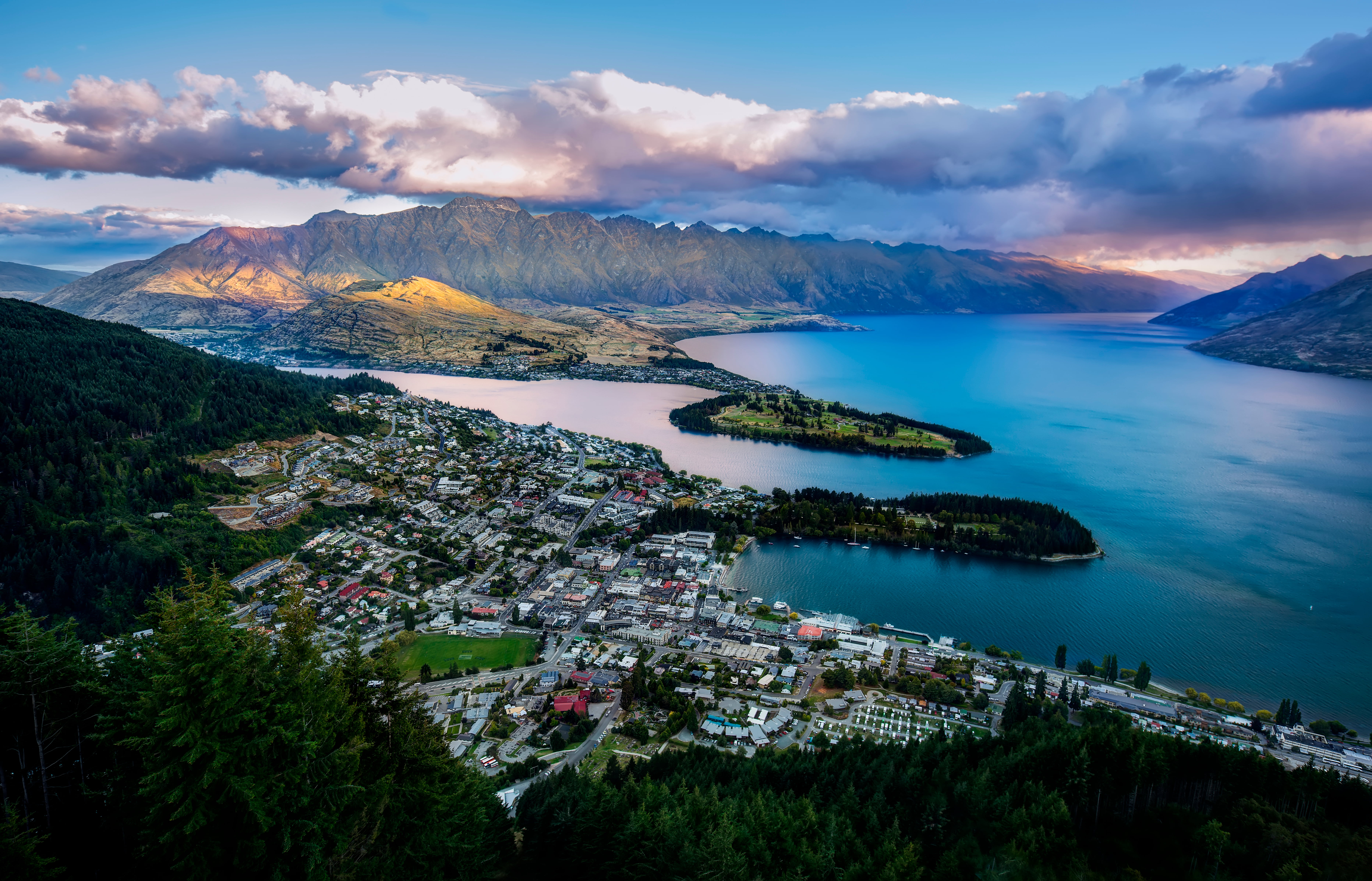 aerial photo, Te Wai Pounamu, nature, city  pacific, europe, summer, mountains, scenics, Aotearoa, city, plane, 5K, photo, bay, lakeside, lakeside city, HD Wallpaper