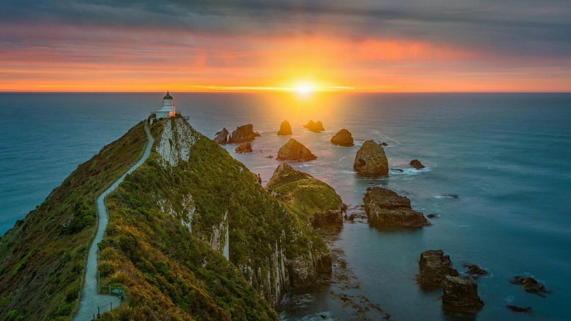 nature, lighthouse, rock, new zealand., outdoors, sunrise, sea, tranquil scene, solid, headland, promontory, land, nugget point, scenics - nature, horizon over water, HD Wallpaper
