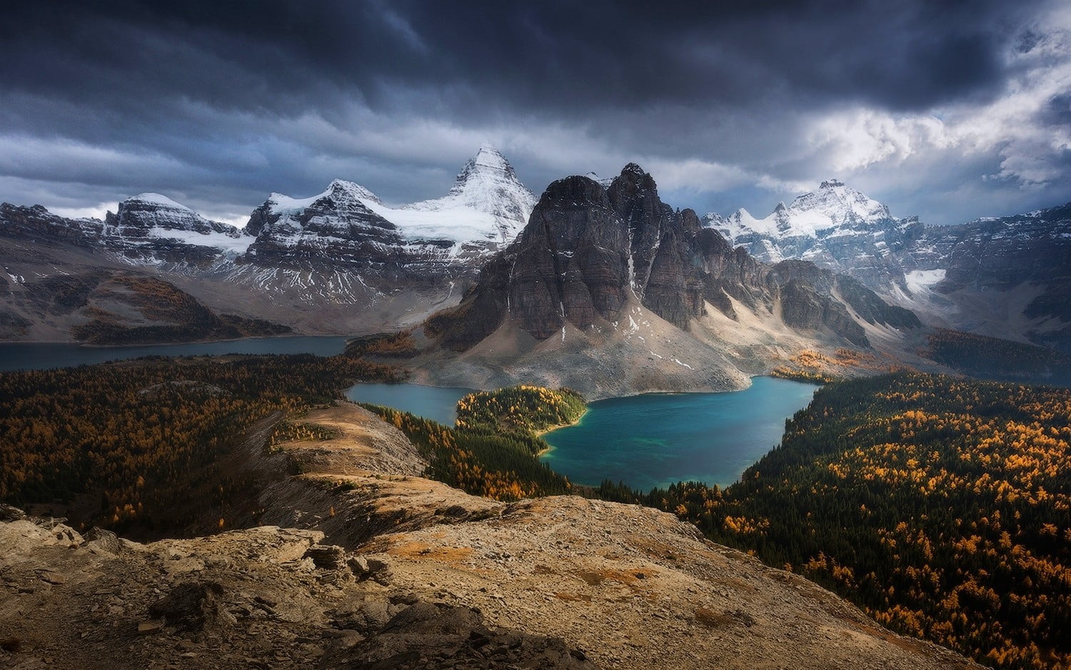 cloud - sky, beauty in nature, rock, no people, gray, tranquil scene, clouds, snowy peak, Canada, water, forest, tranquility, mountain, lake, turquoise, HD Wallpaper