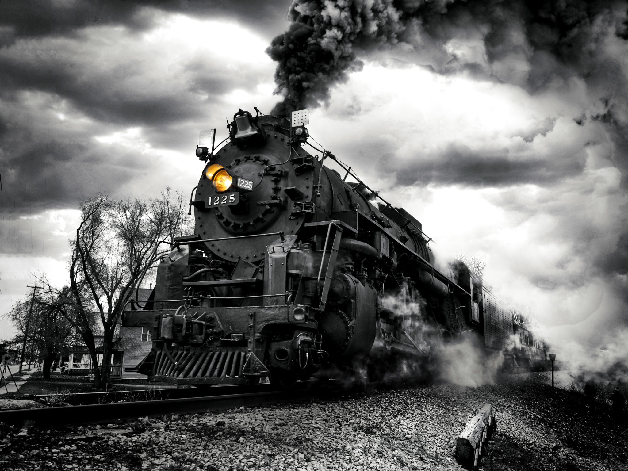 1080P, black and white, the engine, smoke, mound, train, Our engine is flying ahead!, monochrome, HD Wallpaper