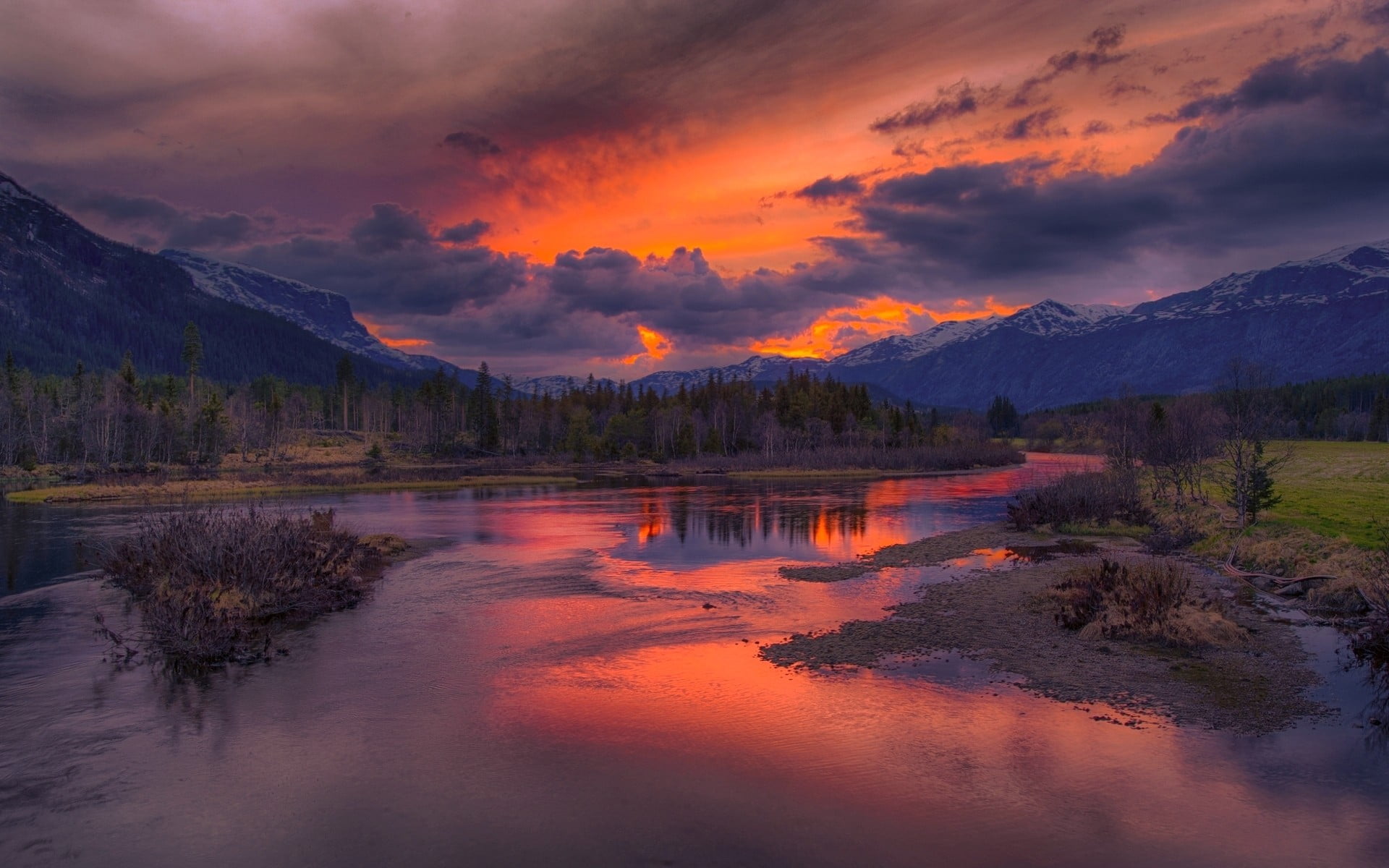 landscape, tranquility, beauty in nature, lake, scenics - nature, reflection, tree, snowy peak, painting, water, no people, forest, orange color, river, HD Wallpaper
