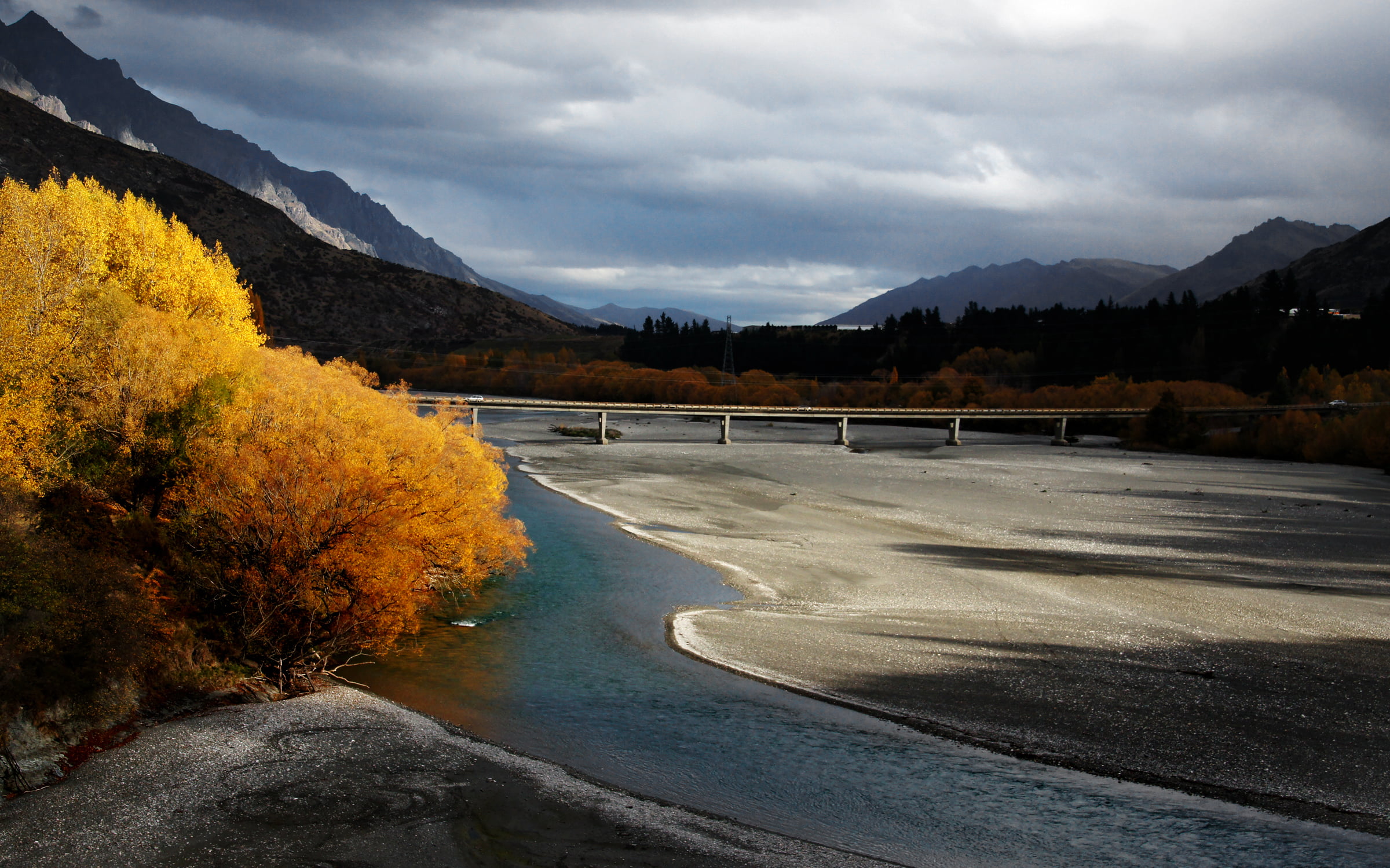photos, F3.5, tree, 1080P, outdoors, Bridge, river, colours, Public Domain, road, landscape, New Zealand, surrounded, geo tagged, shotover, sky, Shotover River, HD Wallpaper