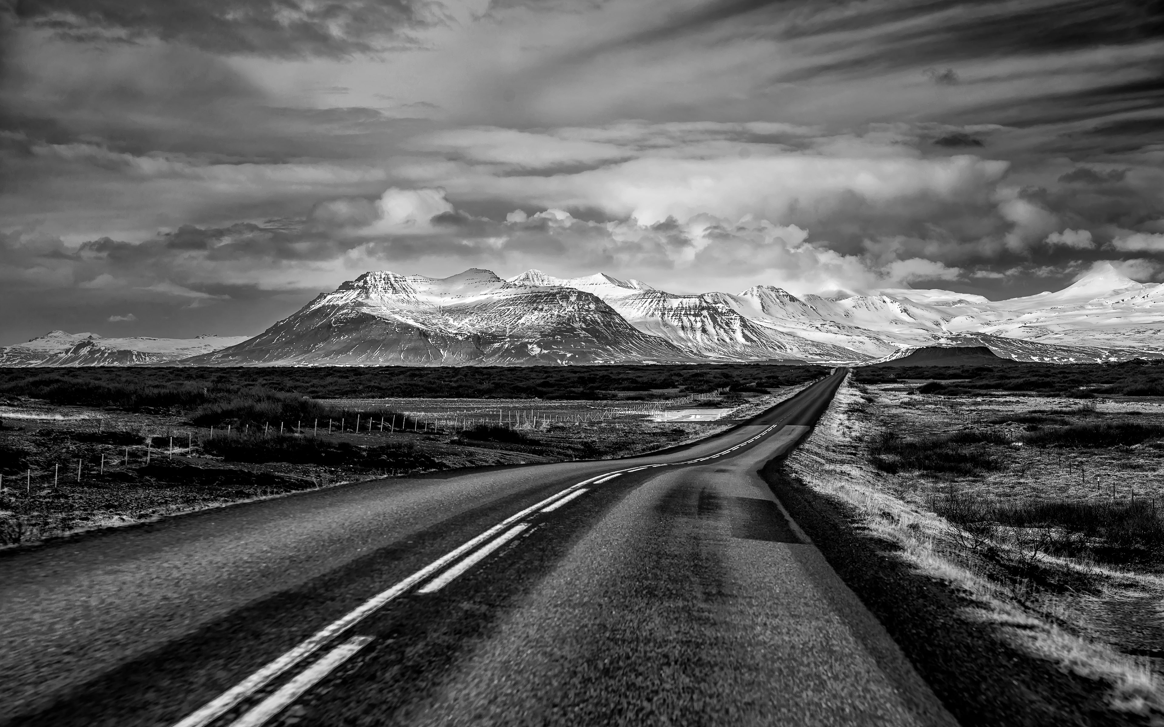 photography, blackandwhite, iceland, mountain peak, long, landscape, outdoors, mountains, mountain range, the way forward, roads, ahead, snowcapped mountain, HD Wallpaper