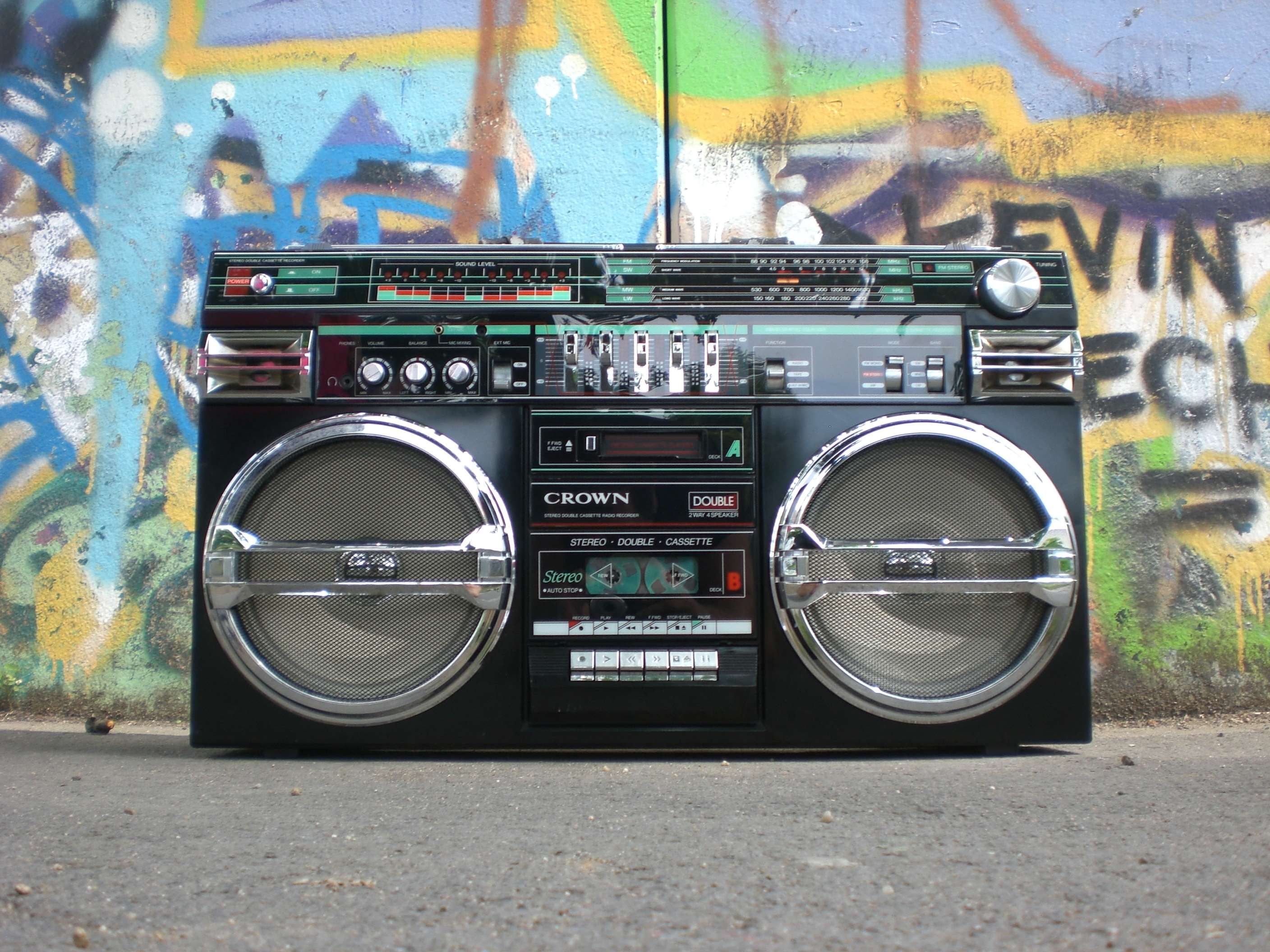 concrete floor, stereo, classic, graffiti, equipment, text, nostalgia, power, number, no people, player, ghettoblaster, radio recorder, antique, multi colored, HD Wallpaper
