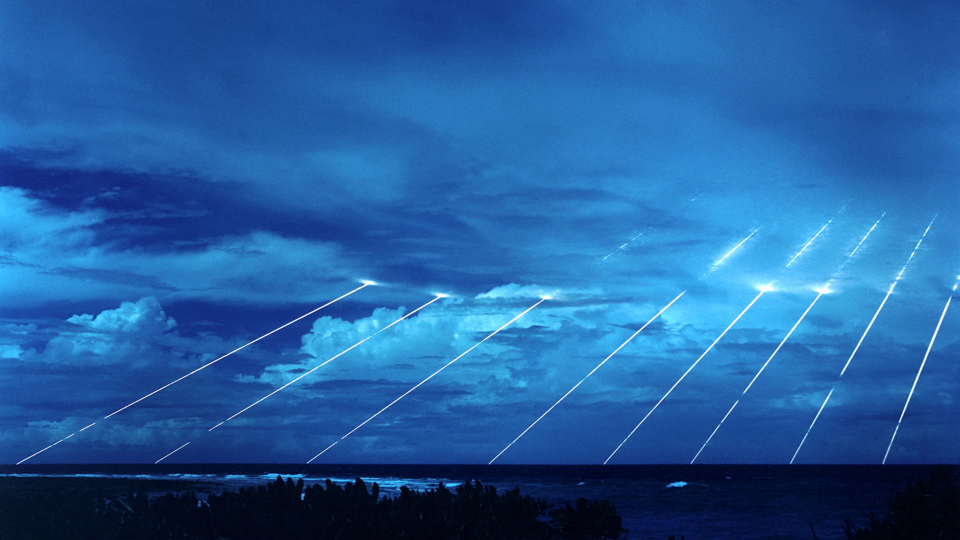 sea, military, lights, overcast, storm, power in nature, night, clouds, 1080P, motion, thunderstorm, missiles, dusk, beauty in nature, Marshall Islands, HD Wallpaper