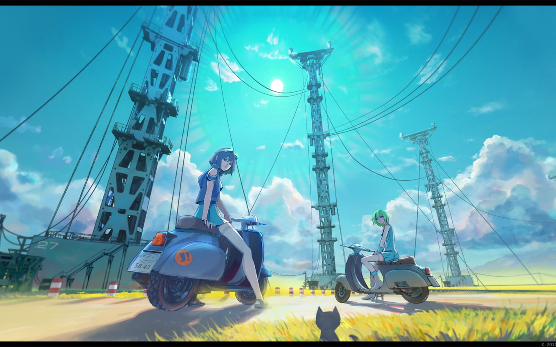 girl, connection, electricity, 720P, transportation, mode of transportation, technology, one person, anime girls, power line, women outdoors, transfer print, HD Wallpaper
