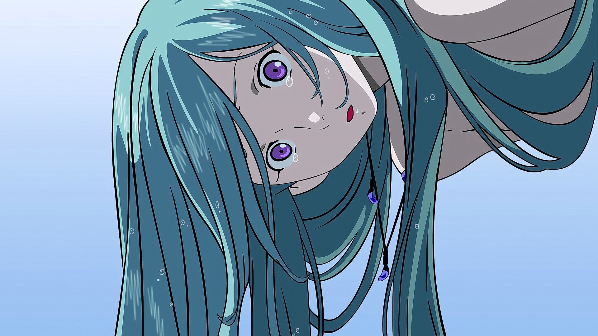 anime, Eureka Seven, Eureka (character), purple eyes, open mouth, 1080P, anime girls, aqua hair, crying, long hair, HD Wallpaper