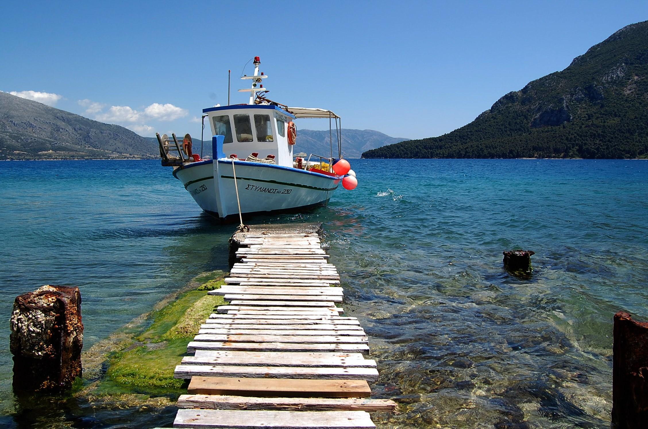lake, mountains, water, dock, beautiful, vacation, greece, ideal, 1080P, boats, boat, HD Wallpaper