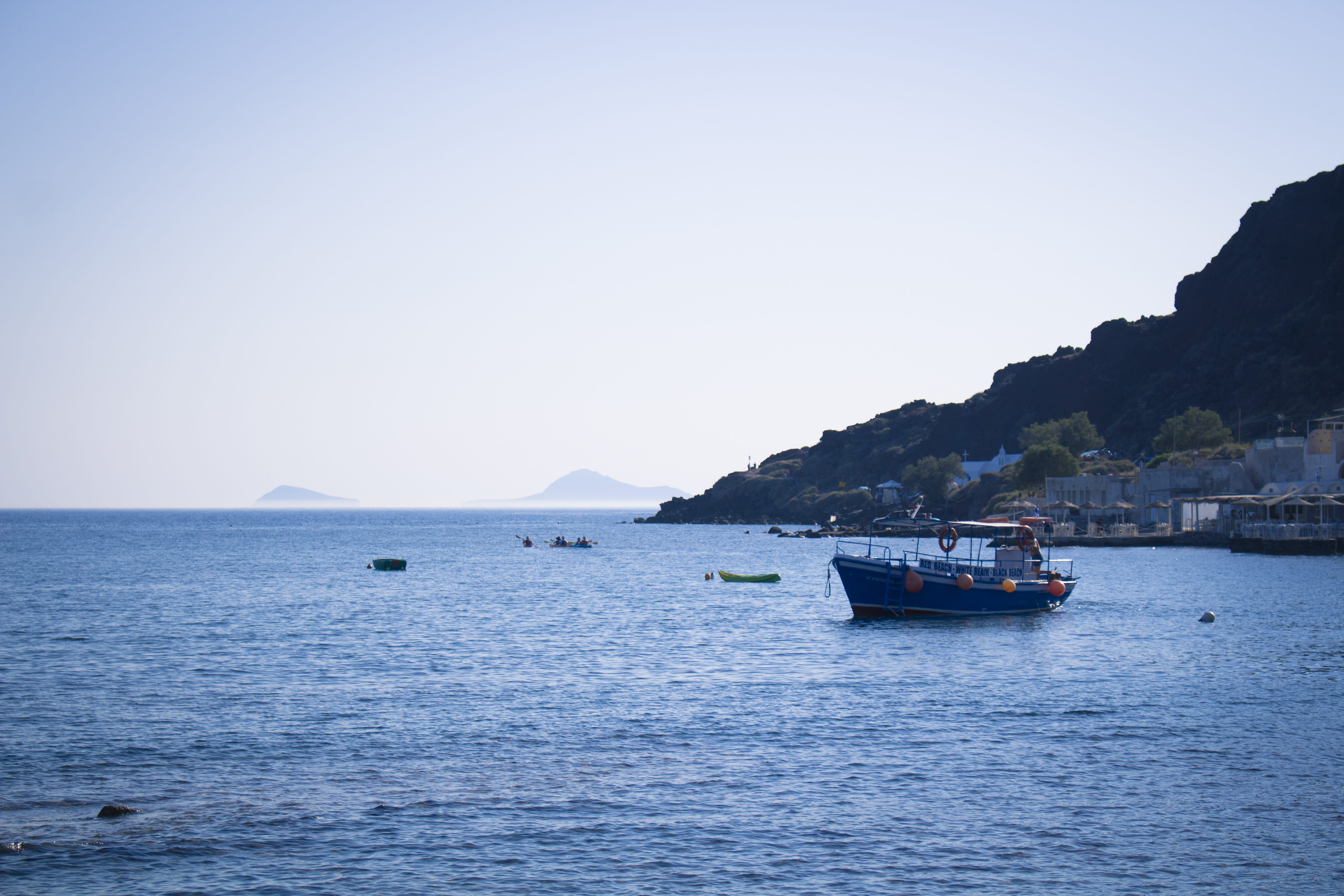 clear sky, day, boat, mode of transportation, island, travel, water, transportation, santorini, horizon, fishing, no people, rock, tranquil scene, copy space, HD Wallpaper