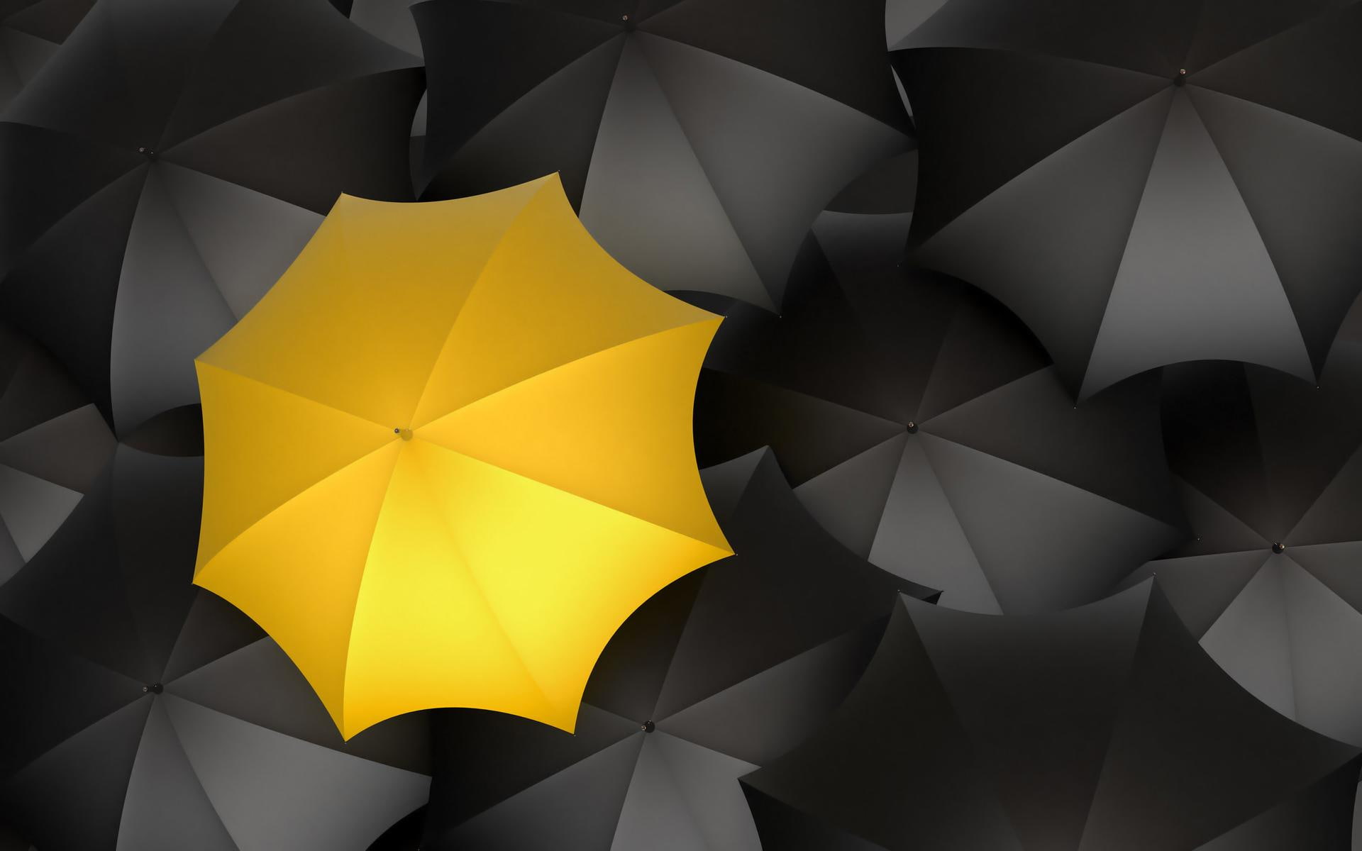 umbrella, yellow, black, 3d and abstract, 1080P, original, unique, ambrellas, HD Wallpaper