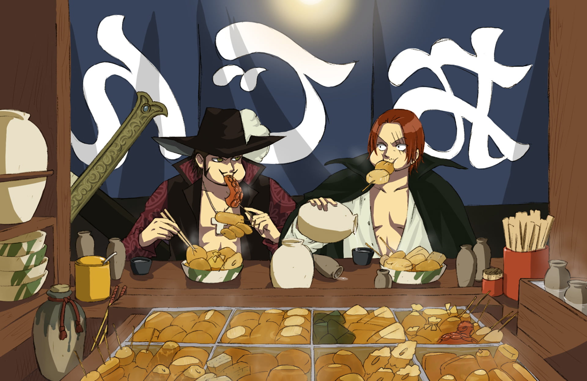 Anime, art and craft, lifestyles, human representation, real people, drink, indoors, table, costume, celebration, front view, Dracule Mihawk, sitting, disguise, HD Wallpaper