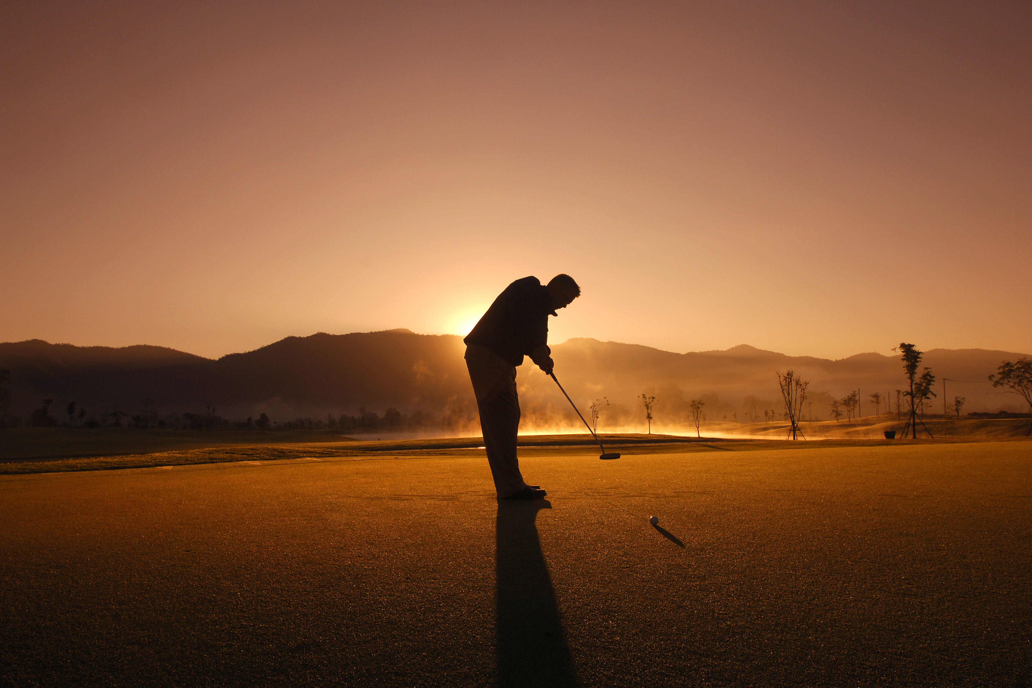 leisure activity, taking a shot - sport, golf swing, golf, mountain, sportsman, playing, golfer, sky, nature, peopleSport, sport, 4K, silhouette, motion, HD Wallpaper