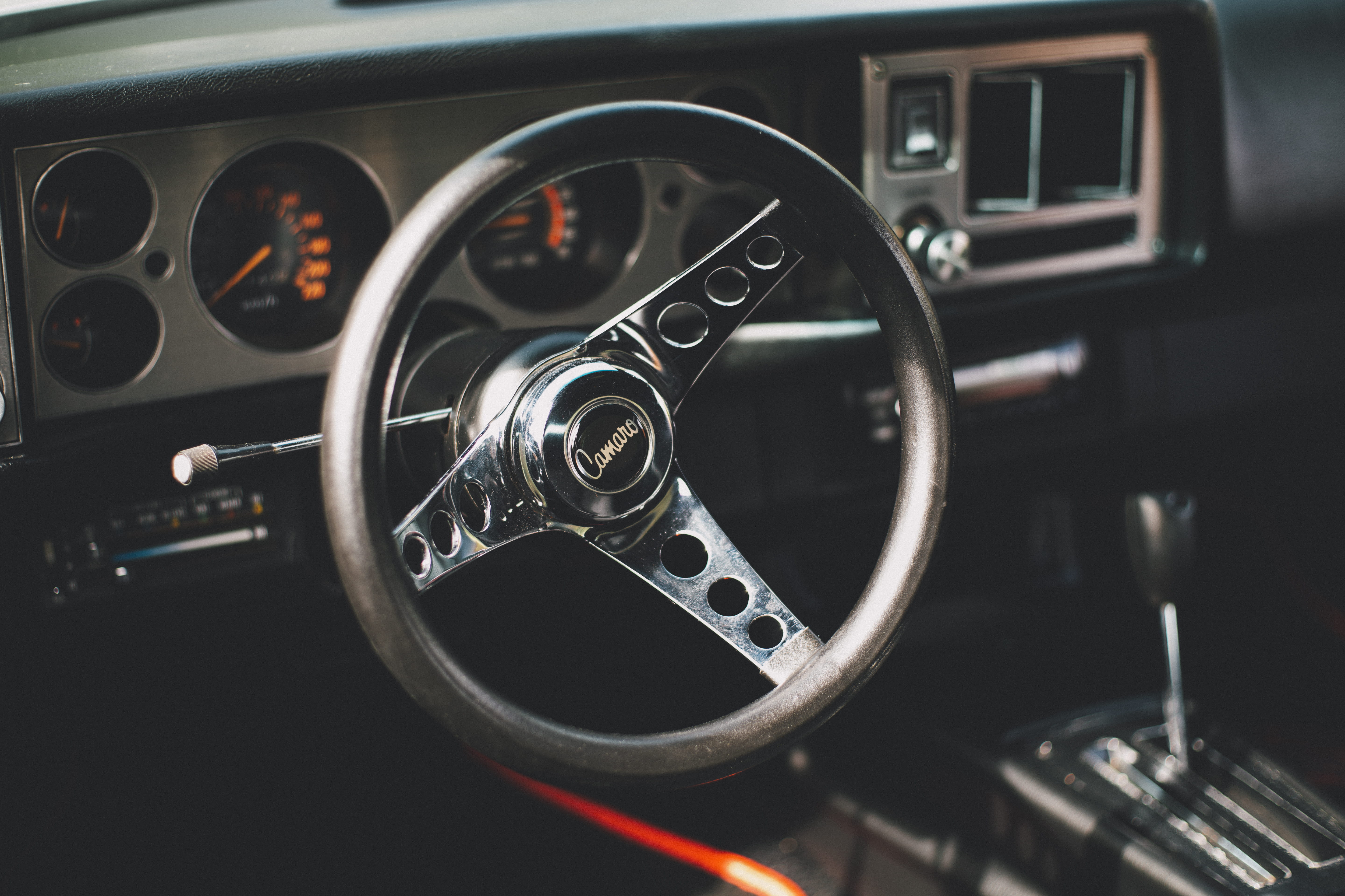 5K, transportation, close-up, tire, black, automobile, camaro, style, land Vehicle, chrome, wheel, speed, vintage car, technology, vehicle Interior, speedometer, HD Wallpaper