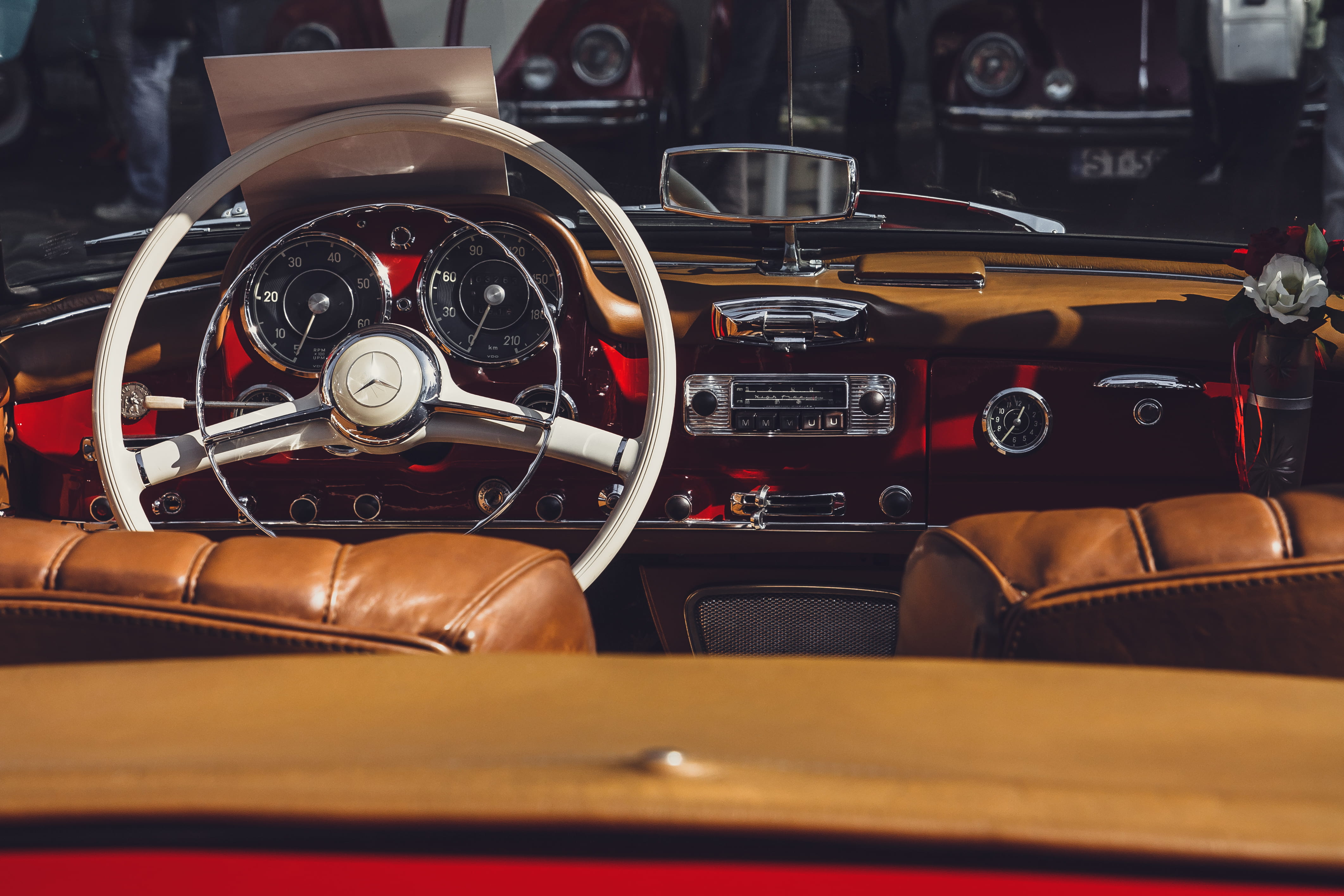 selective focus, classic, car interior, control panel, steering wheel, no people, land vehicle, leather, close-up, retro, 4K, convertible, mercedes, transportation, HD Wallpaper