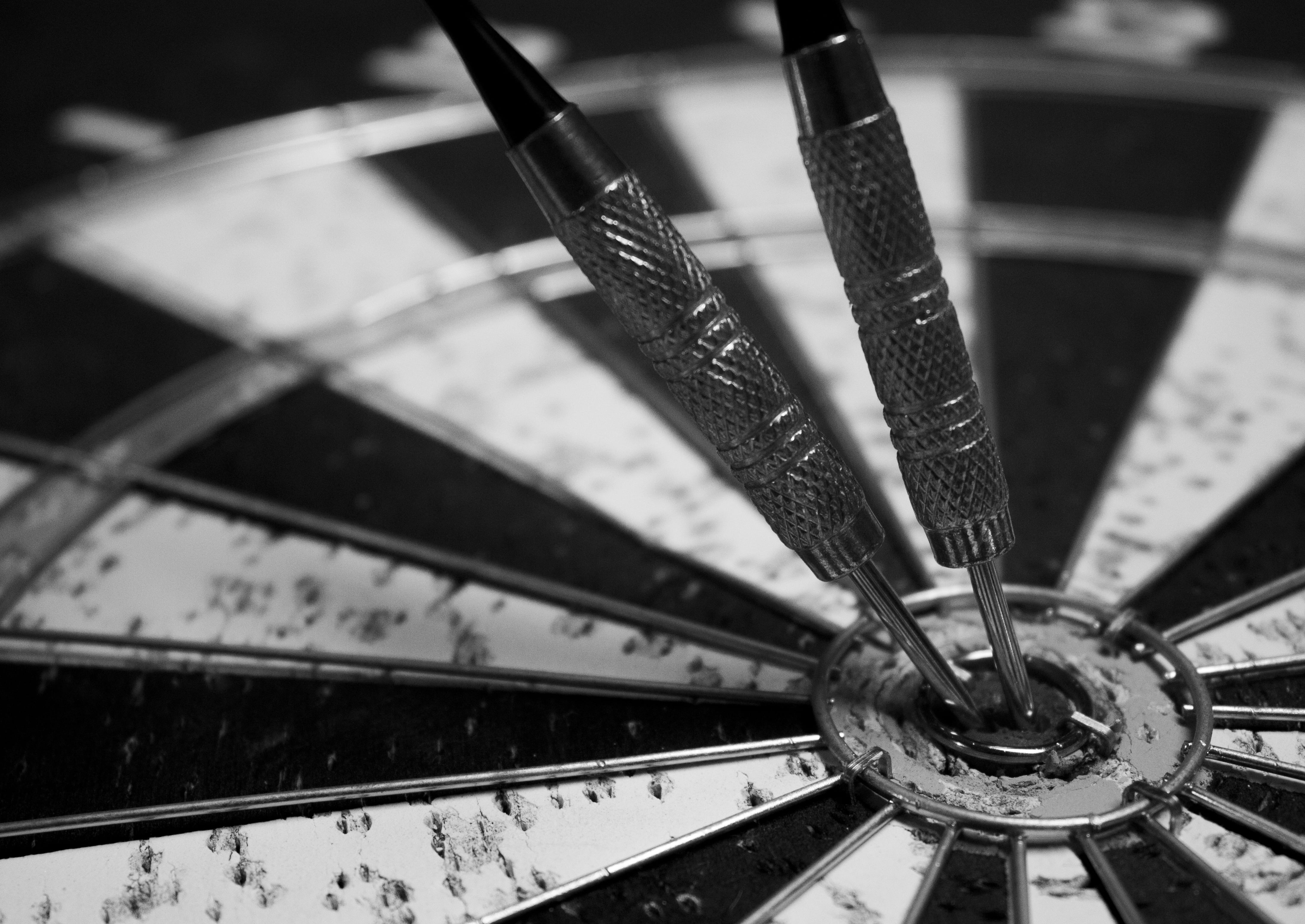 number, grayscale, selective focus, dart, metal, bullseye, focus on foreground, center, shot, backgrounds, photo, pattern, leisure activity, dartboard, HD Wallpaper