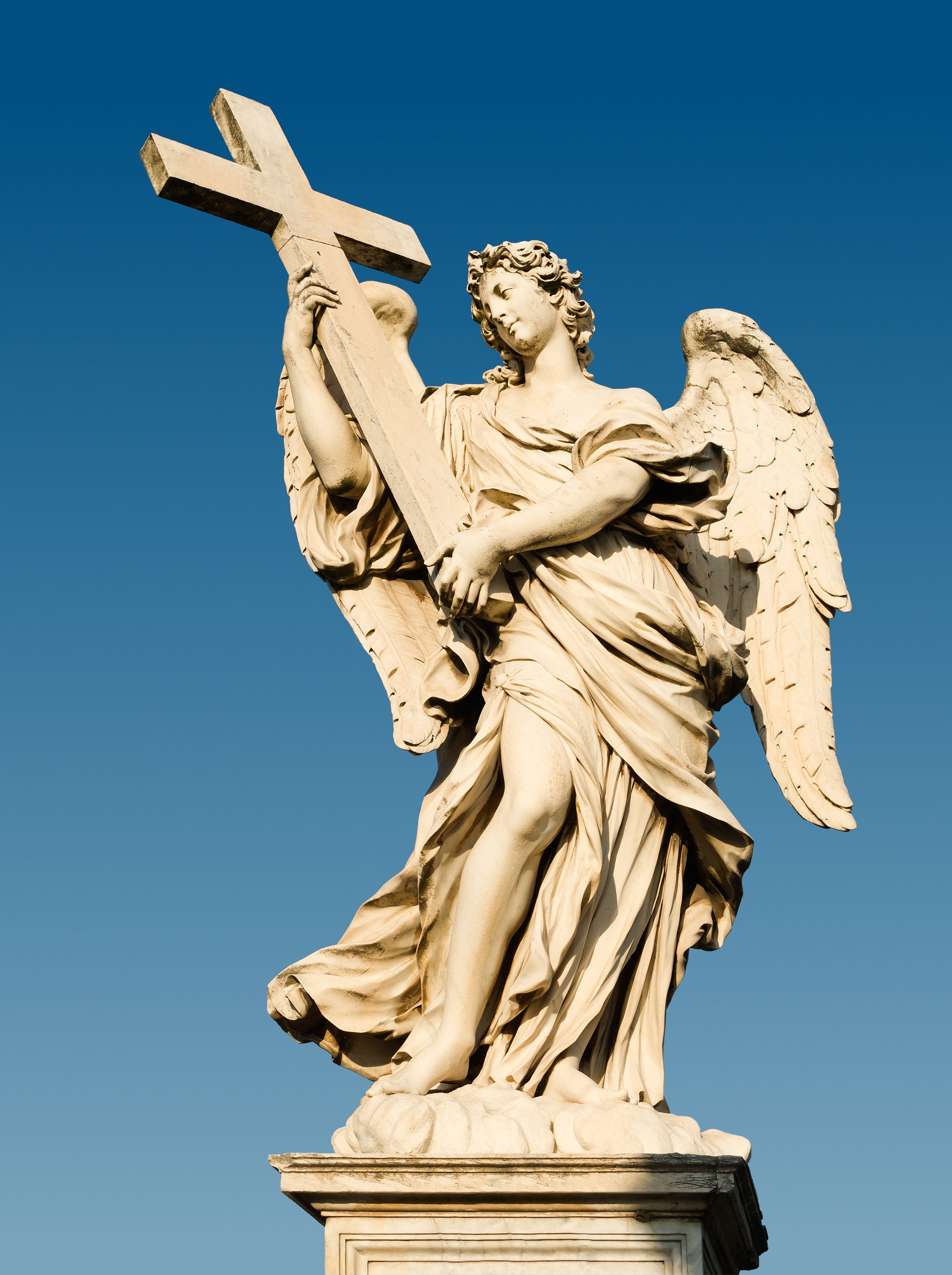 angel, female likeness, sculpture, figure, clear sky, spirituality, low angle view, architecture, clear, nature, historic, blue, the angel with the cross, Phone HD Wallpaper