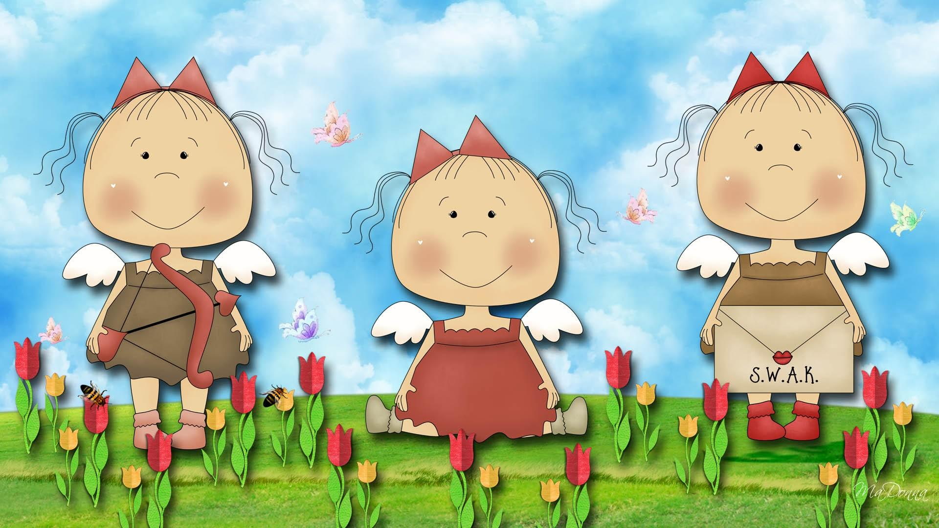 little girl, bees, firefox persona, grass, butterflies, angels, spring, 1080P, flowers, valentines day, HD Wallpaper