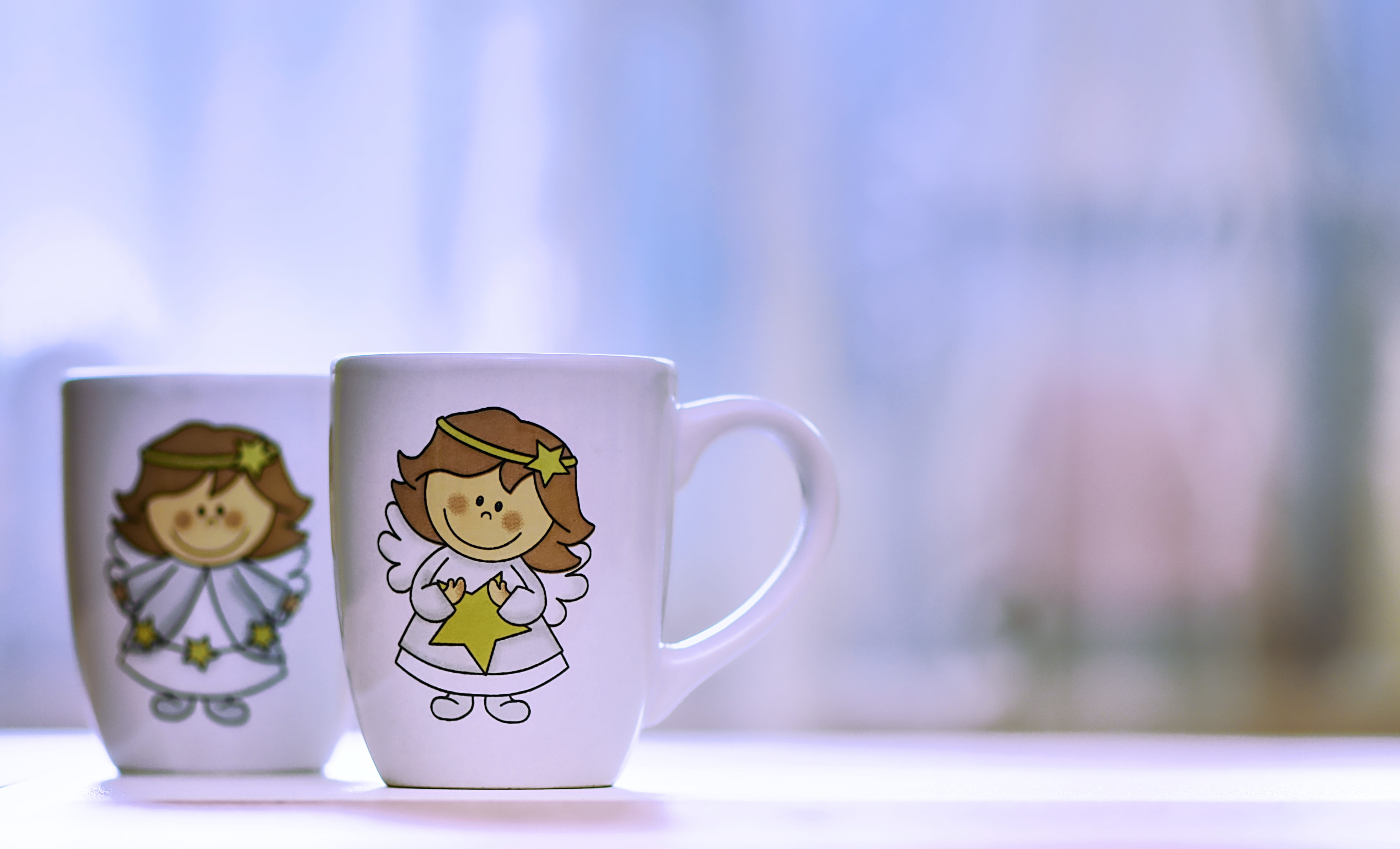 creativity, still life, indoors, art and craft, coffee - drink, cute, angel figure, representation, tea cup, close-up, focus on foreground, mug, blue, table, HD Wallpaper
